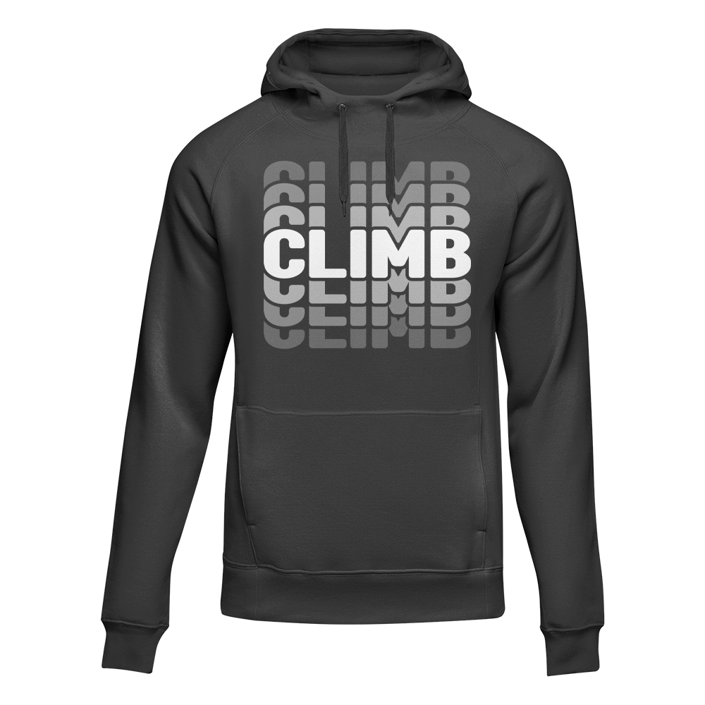Black Climmmmmb unisex hoodie by Outdoorzees, showing the comfortable fit and stylish design on a plain background.
