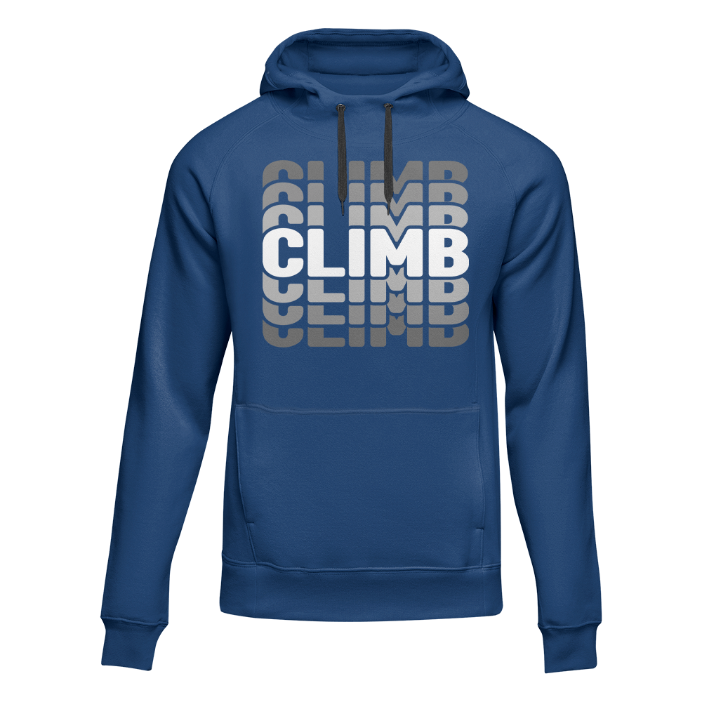 Unisex blue Climmmmmb hoodie by Outdoorzees, featuring a comfortable fit and casual style for everyday wear.