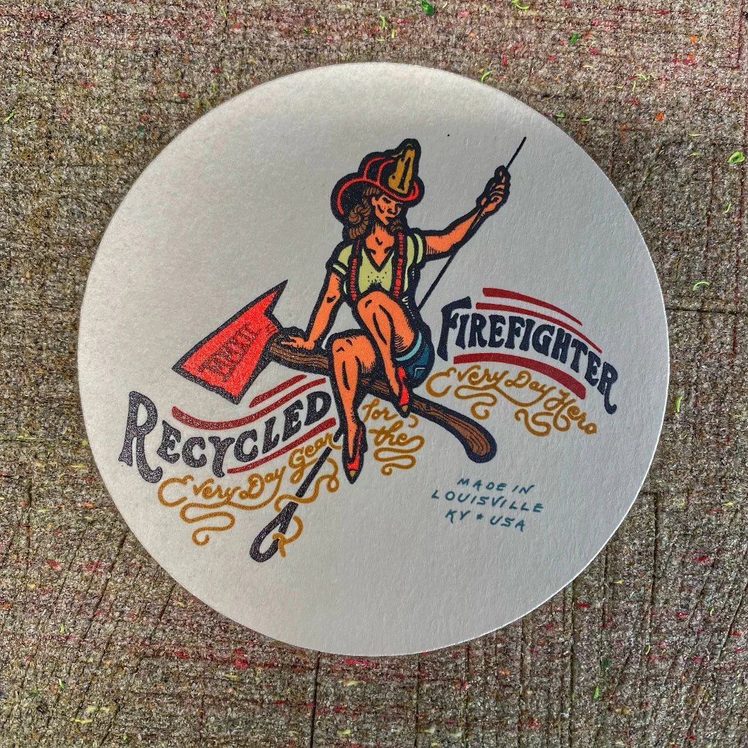 Recycled Firefighter coaster featuring a durable, eco-friendly design in a rustic style, perfect for protecting surfaces.