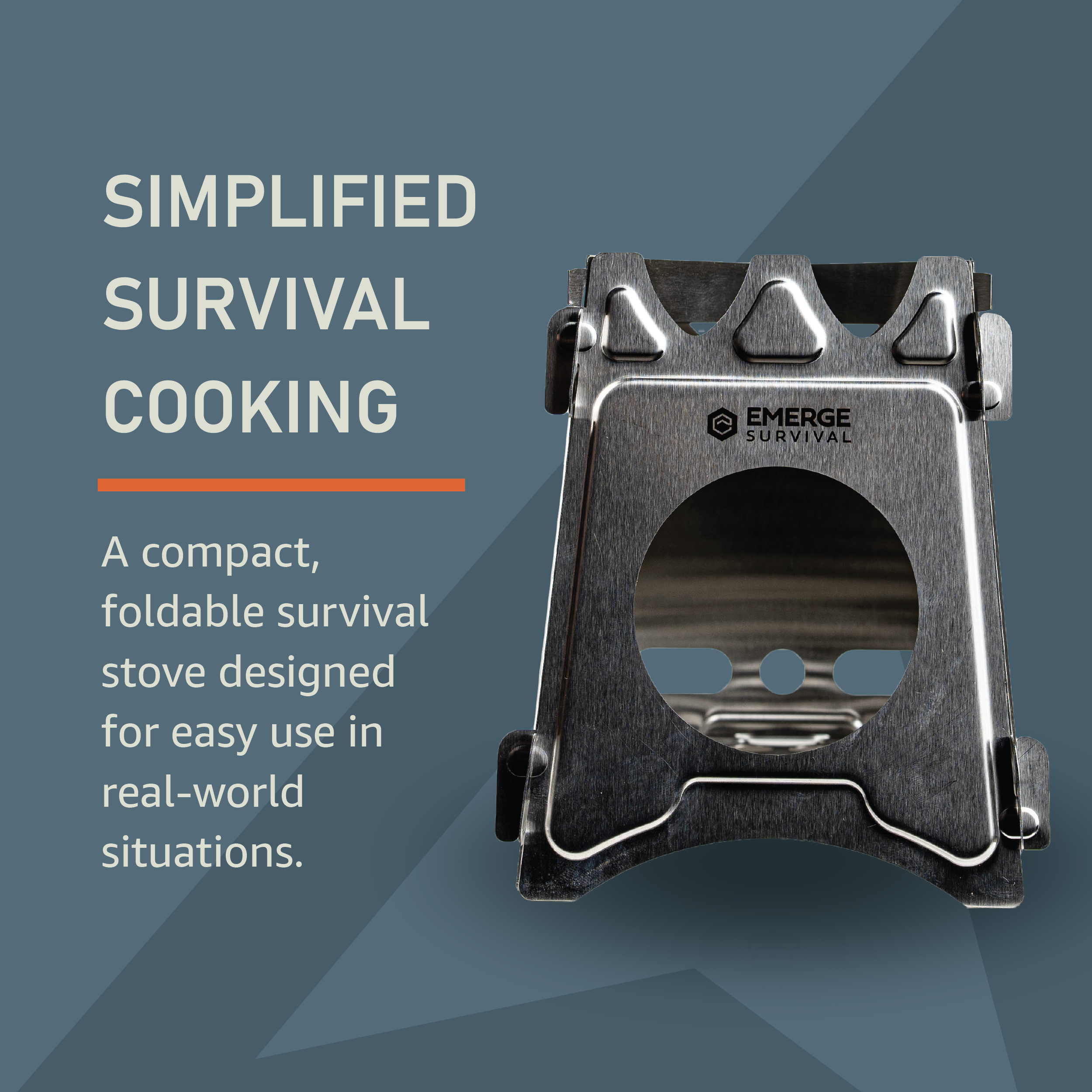 Emerge Survival collapsible mini stove with compact, foldable design and metal cooking surface for outdoor camping and survival use.