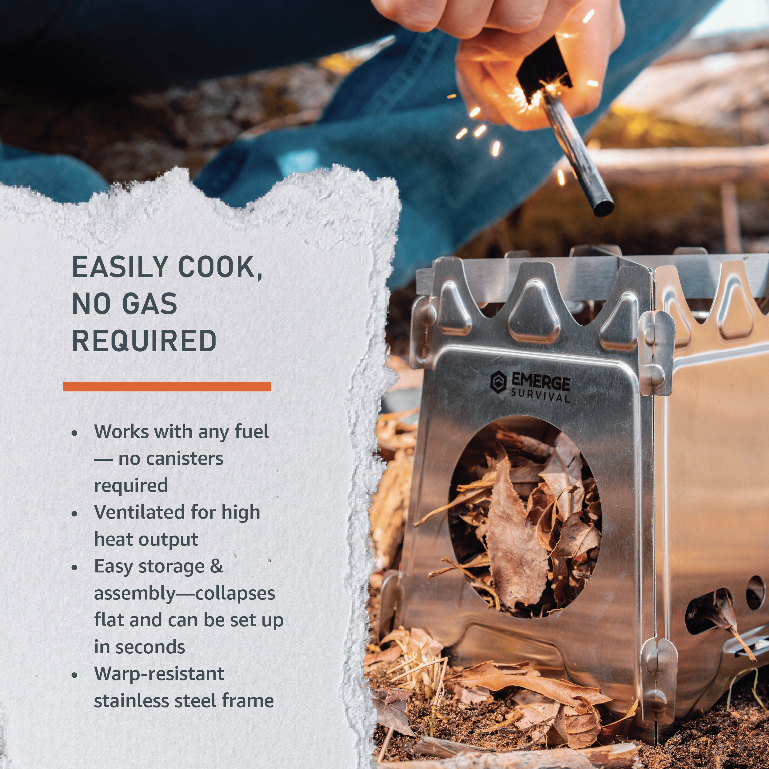 Emerge Survival collapsible mini stove with foldable design and compact structure for portable outdoor cooking.