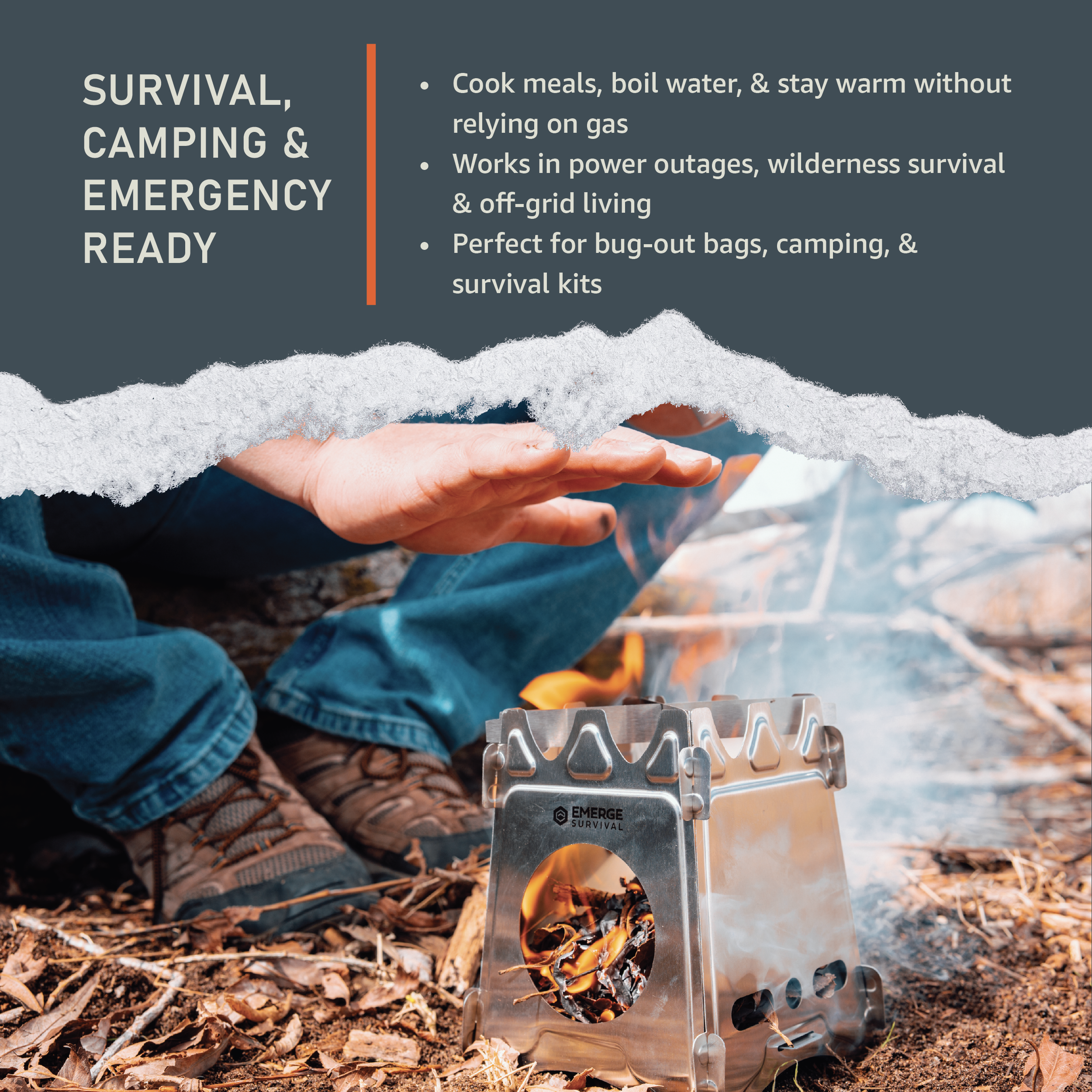 Emerge Survival collapsible mini stove with compact design, showing its folded and assembled state for outdoor cooking.