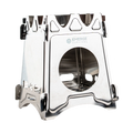Emerge Survival collapsible mini stove folded for storage, compact portable camping stove with foldable design and metal construction.
