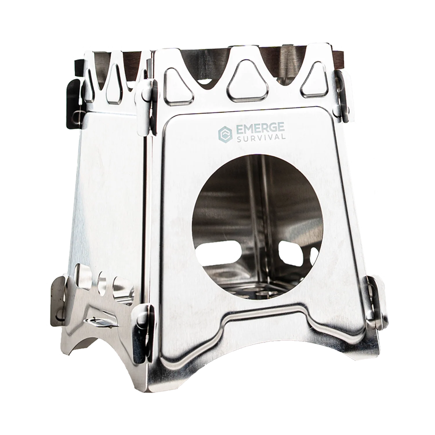 Emerge Survival collapsible mini stove folded for storage, compact portable camping stove with foldable design and metal construction.