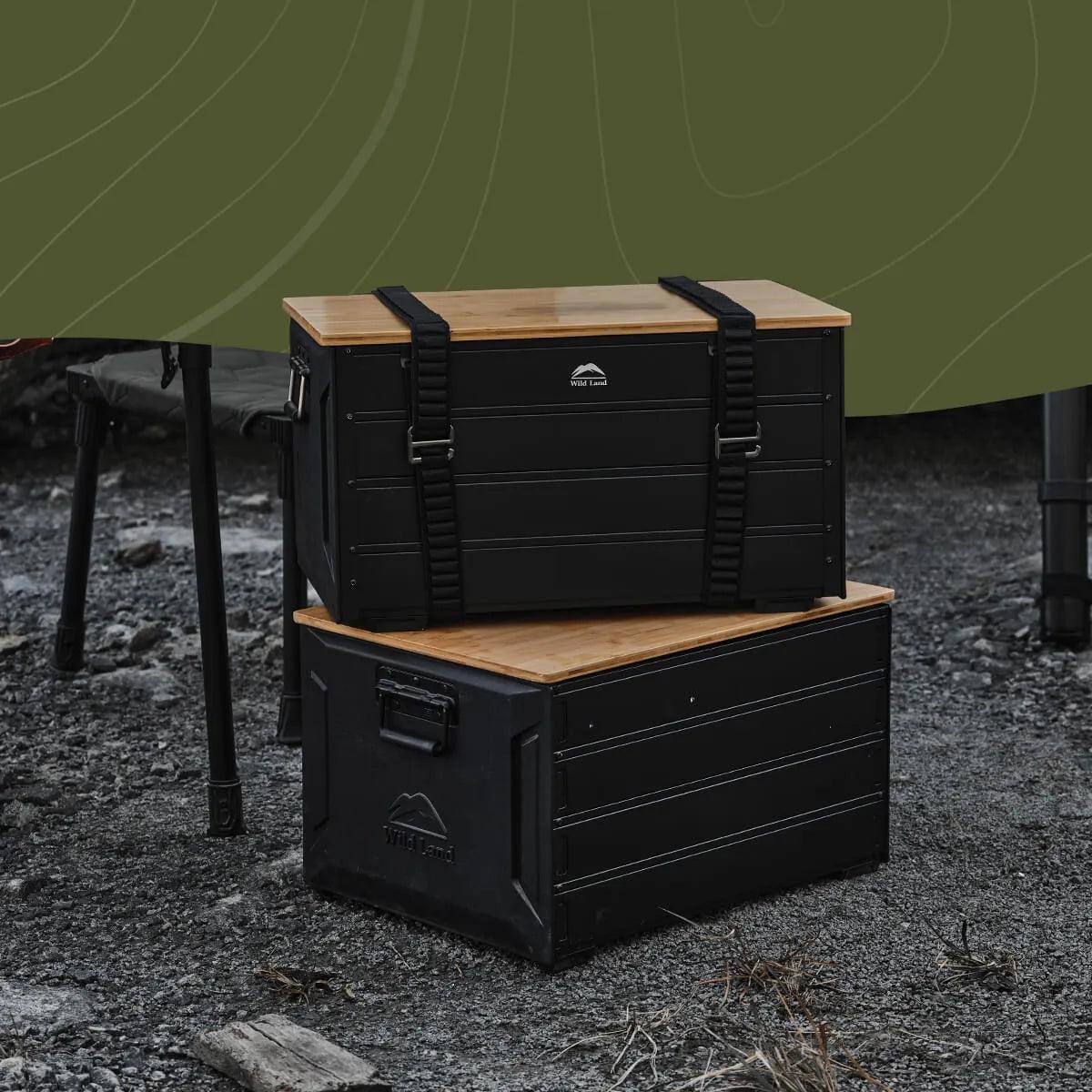Wild Land collapsible storage box shown open with fabric sides and sturdy handles, ideal for organizing home or office spaces.