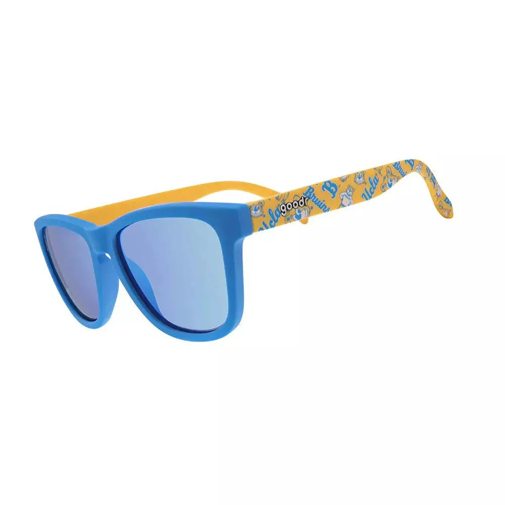 UCLA Collegiate 8 Clap Eye Wraps polarized sunglasses by Rare Air Discs, showcasing sporty eyewear with UCLA logo and side view.