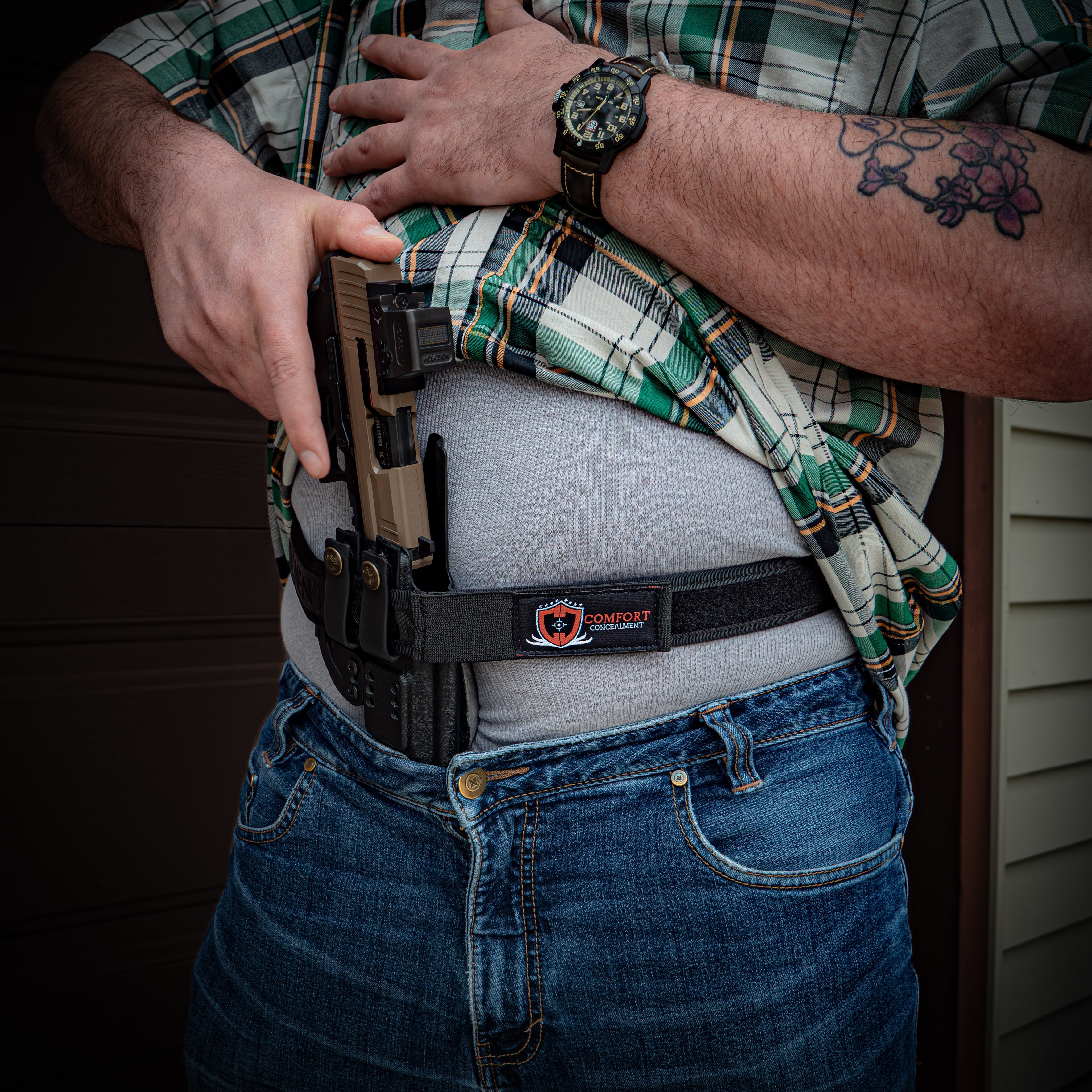 Comfort Concealment BLACKOUT 2.0 concealed carry belt shown in a lifestyle setting, highlighting durable design and sleek black finish.
