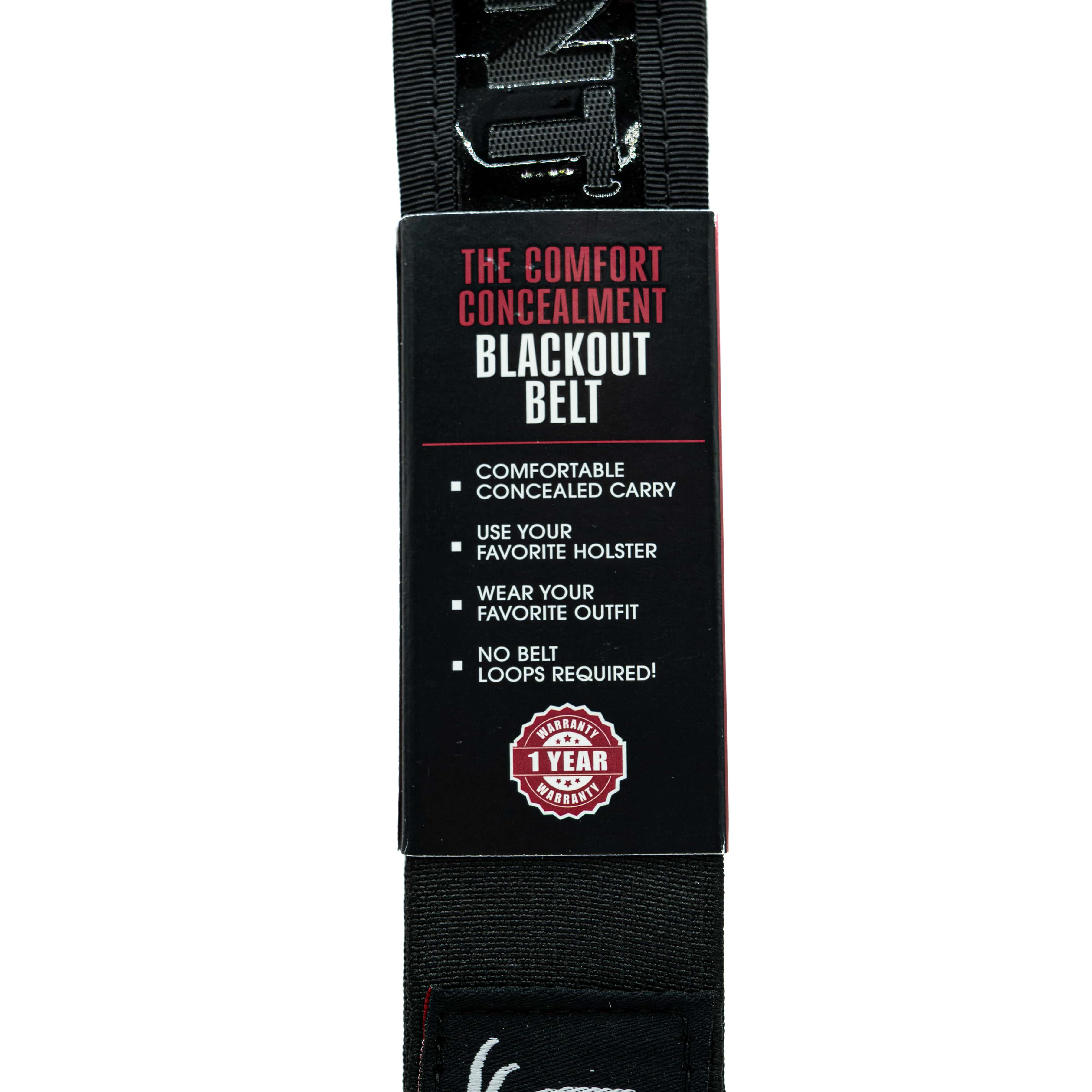 Comfort Concealment BLACKOUT 2.0 concealed carry belt shown in white box, designed for secure and comfortable everyday carry.