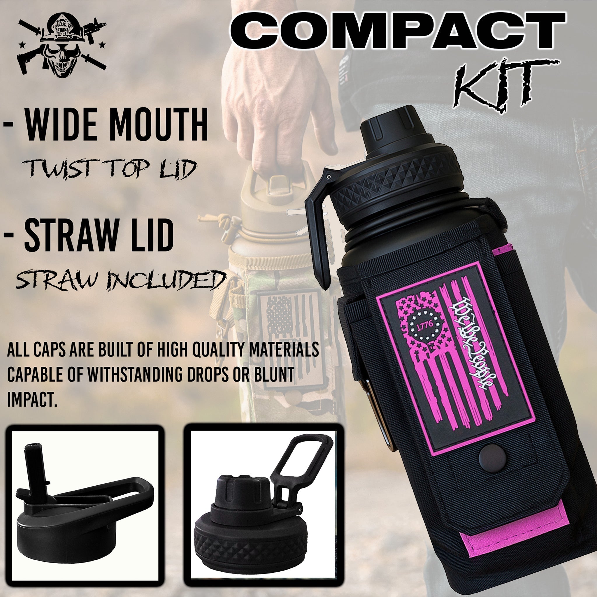 Iron Infidel 32oz compact battle water bottle with a sleek design and secure lid, ideal for outdoor and fitness use.