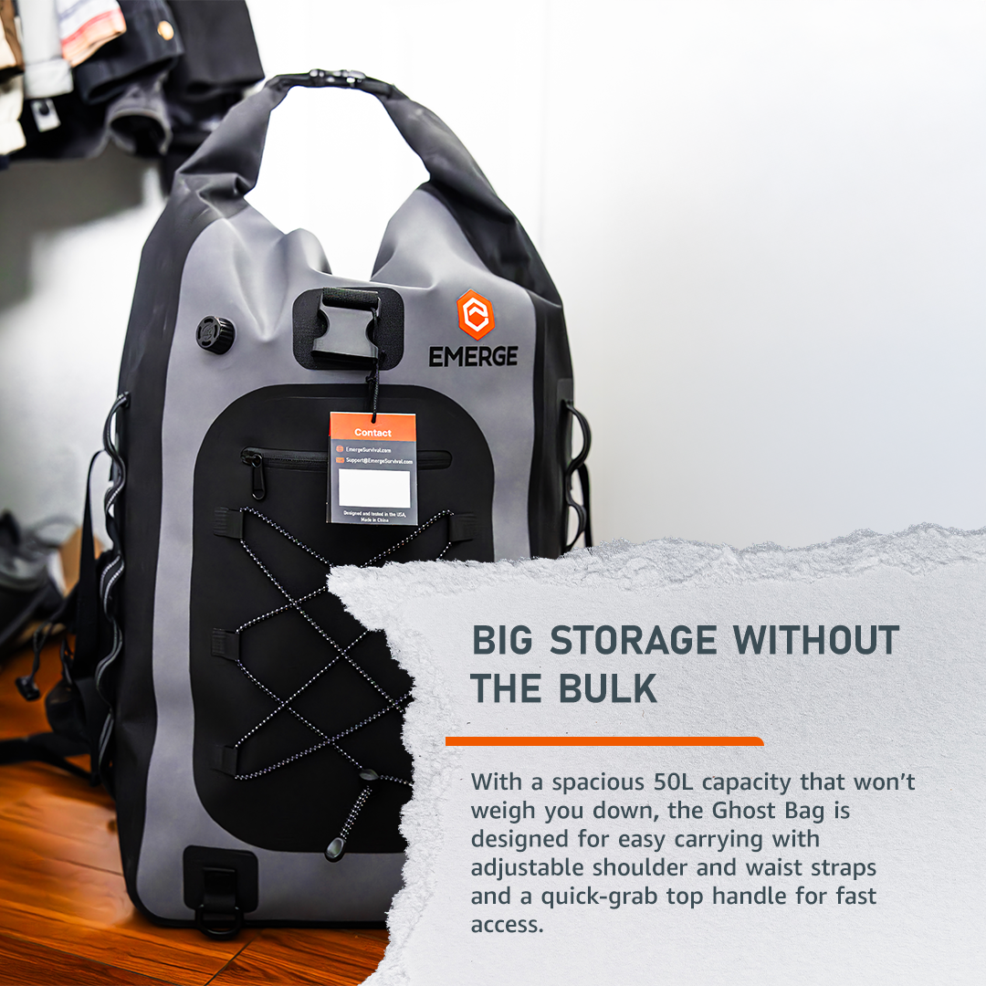 Emerge Survival 50L Dry Bag The Ghost with roll-top closure and waterproof material, designed for outdoor protection and storage.