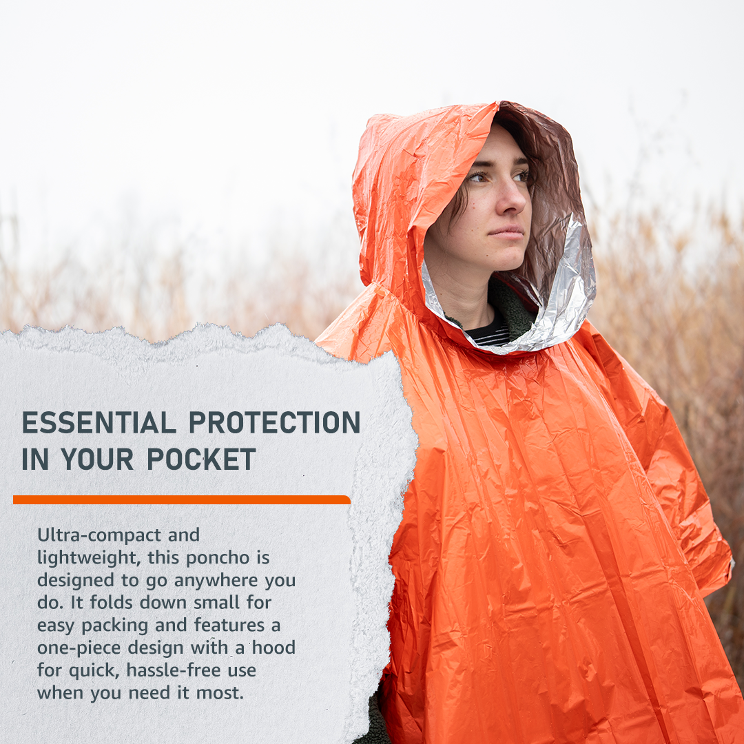 Emerge Survival Mylar Poncho showing lightweight, reflective emergency rain protection with hood and full coverage design.