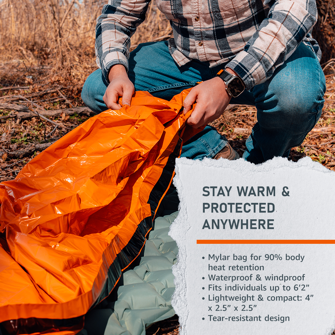 Emerge Survival emergency sleeping bag made from durable Mylar material, compact and lightweight for survival and outdoor use.