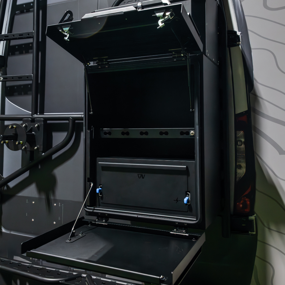 Canyon Adventure Vans Canyon Drawer System made in Utah, featuring organized storage drawers for vehicle or van interior.