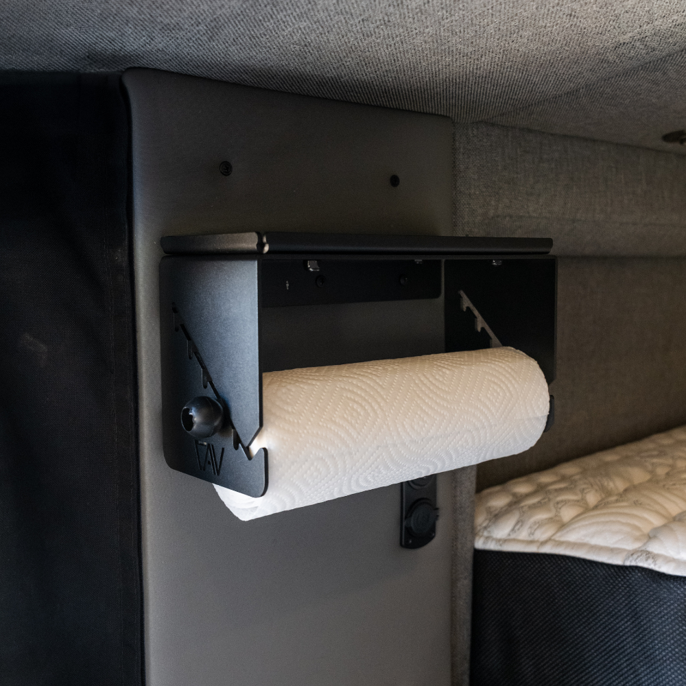 Canyon Paper Towel Holder by Canyon Adventure Vans, made in Utah, featuring a rustic metal design mounted on a kitchen wall