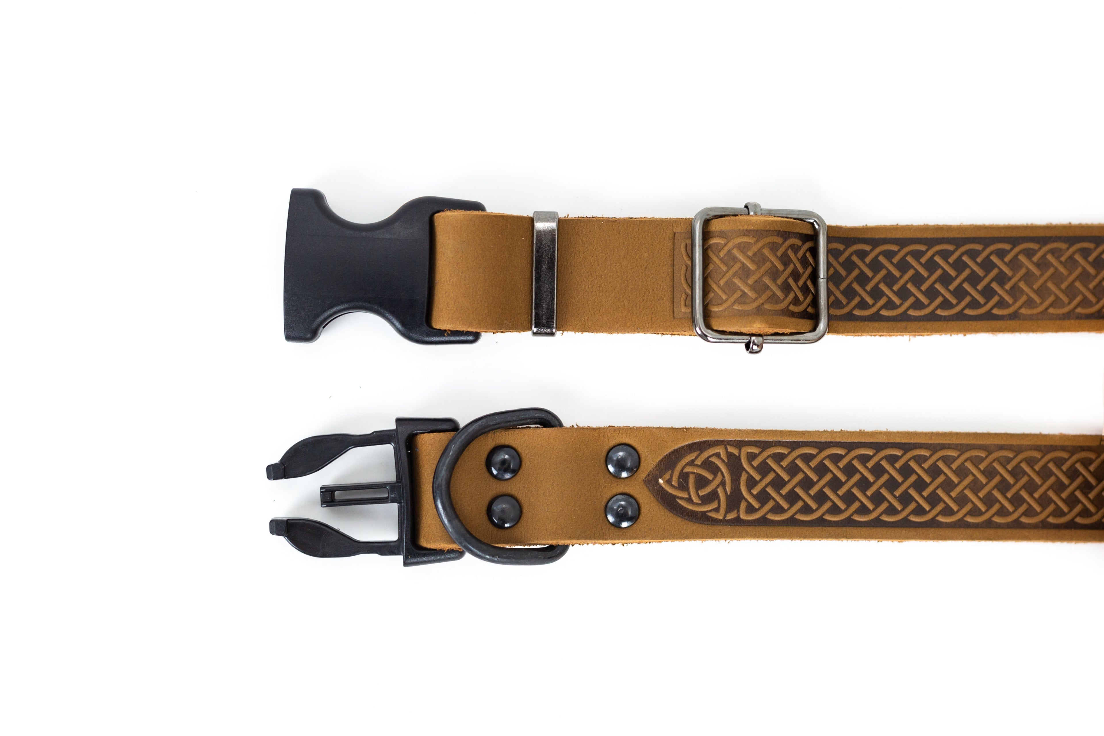 Brown leather dog collar with Celtic Sport Earth design, crafted by Euro-Dog Collars and Leads for a stylish, durable pet accessory.