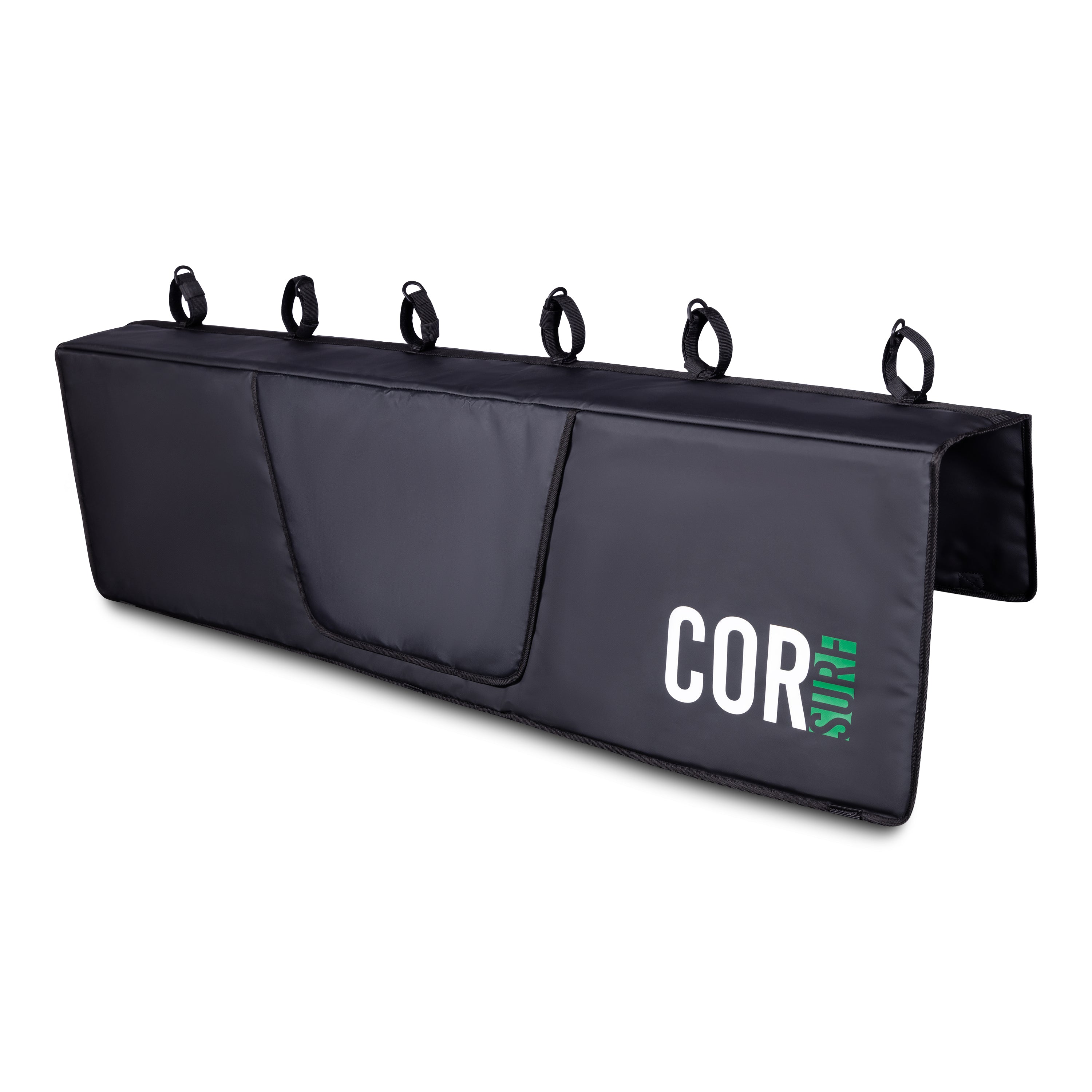COR Surf tailgate pad for bikes and surfboards, two sizes, padded and durable, shown installed on a vehicle tailgate.