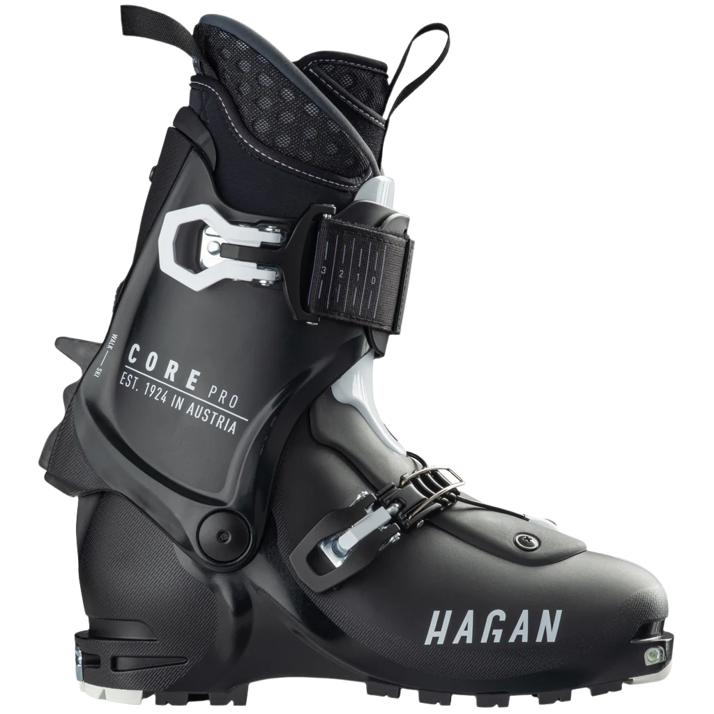 HAGAN Ski Mountaineering Core Pro Carbon boots with sleek black design and reinforced structure for alpine skiing.
