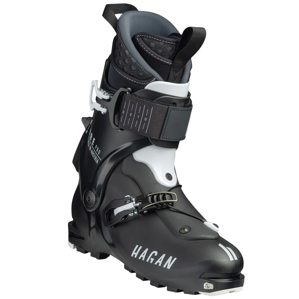 HAGAN Ski Mountaineering Core Pro Carbon boots showing sleek black ski mountaineering boots with carbon fiber accents.