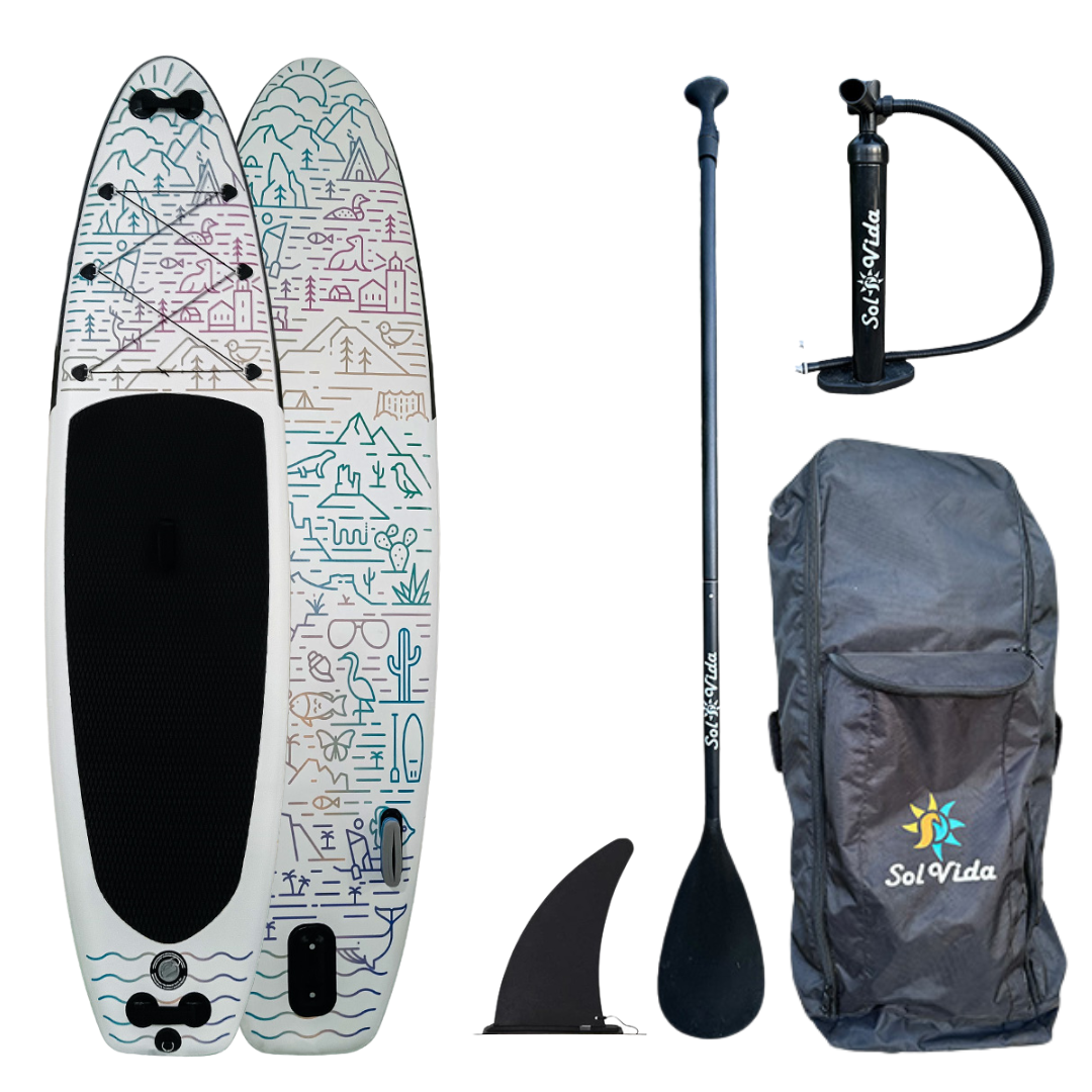 SolVida VidaGlide 10'6" inflatable stand-up paddleboard on water, with paddle and accessories in the complete package.