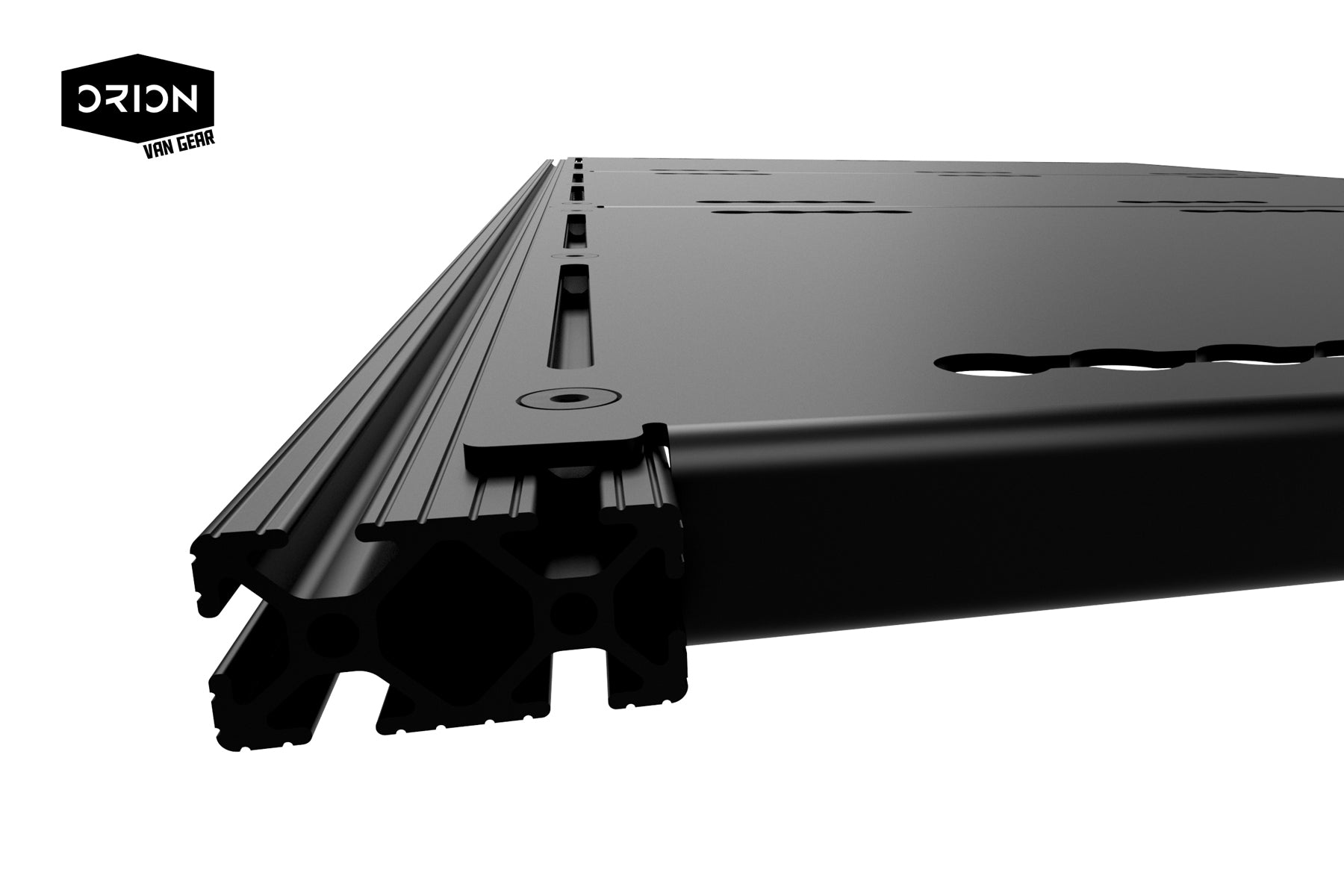 Close-up of Orion Van Gear Transit Roof Deck Panels 2.0 with flush hardware, showing countersink corner details on the deck surface.