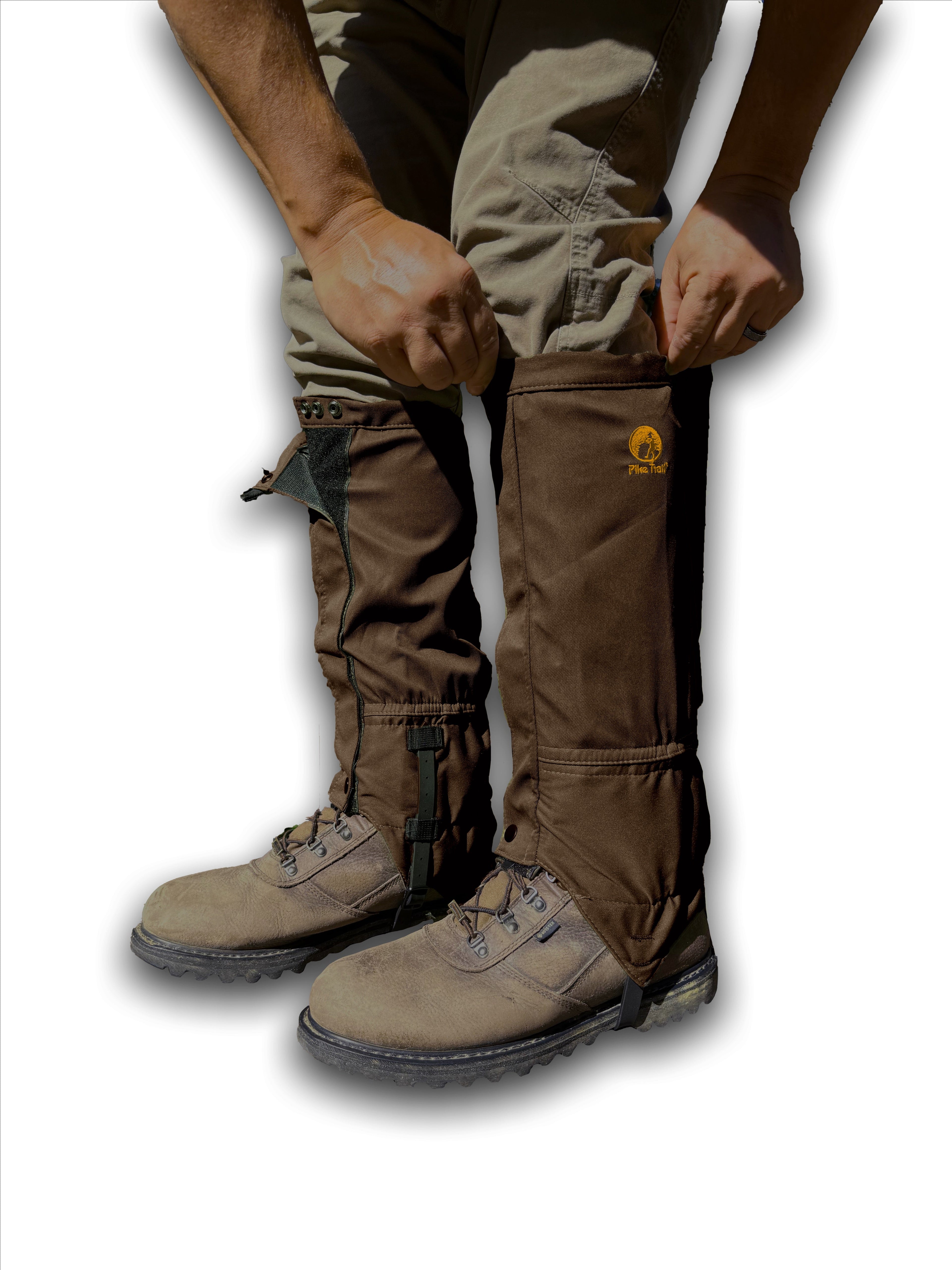 Pike Trail hiking leg gaiters in coyote color, durable protective gear for outdoor trail walking and trekking.