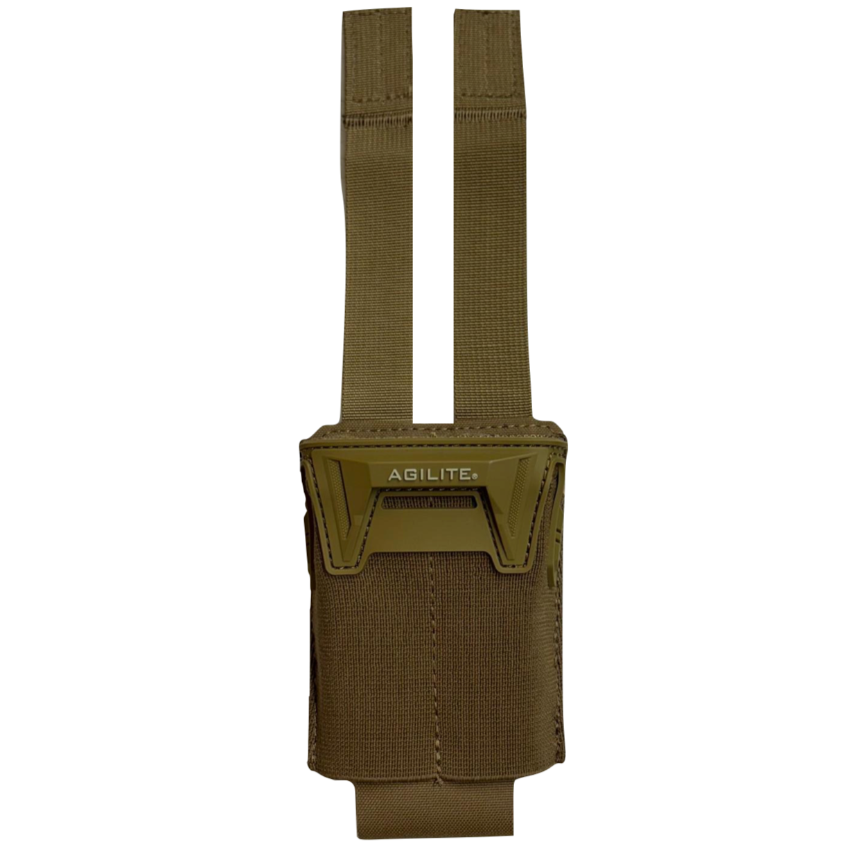 Coyote brown Pincer™ Single Multi-Caliber Mag Pouch by HCC Tactical with front view showing adjustable retention straps.
