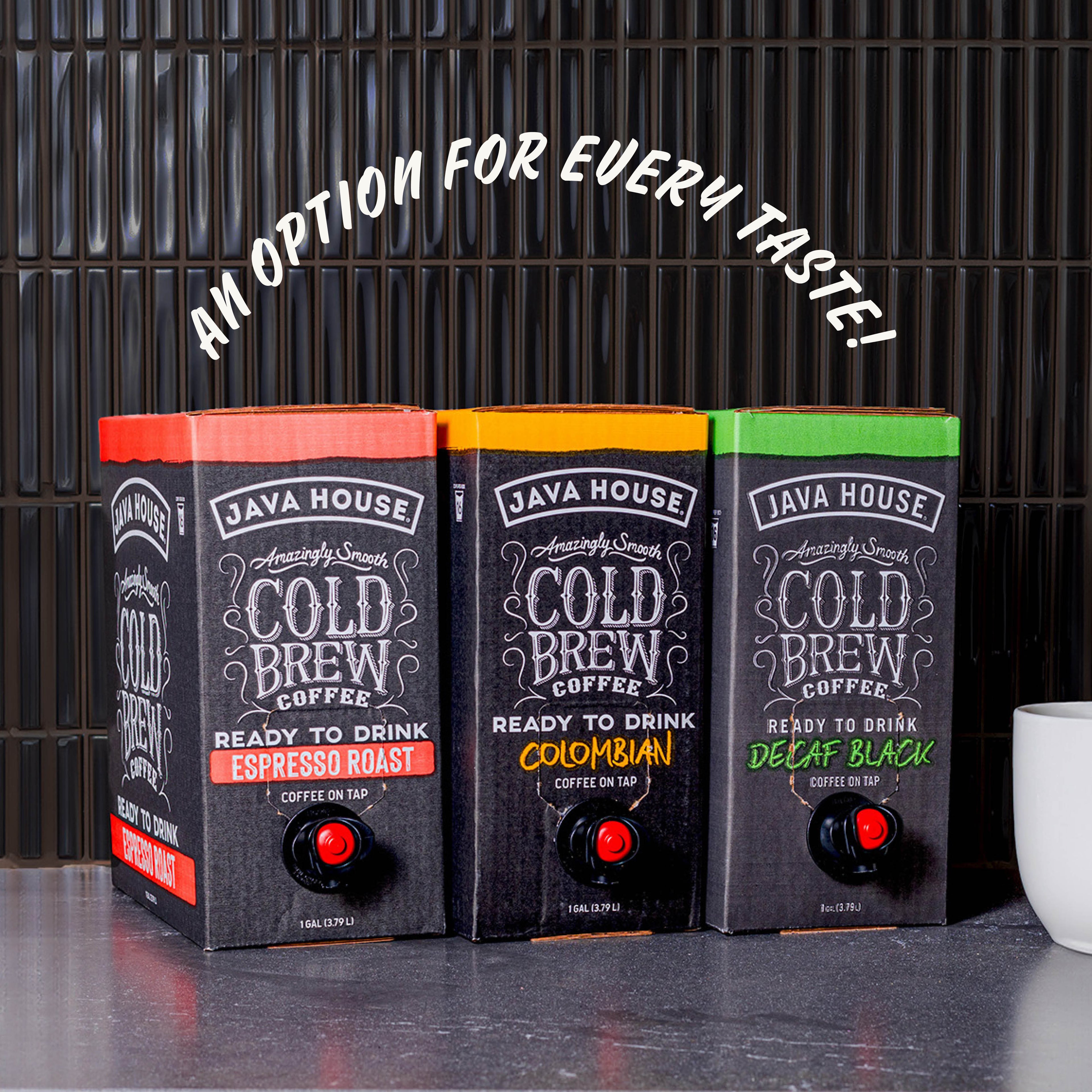 Java House Decaf Cold Brew On Tap, showcasing a sleek dispenser with coffee flowing into a glass filled with ice.