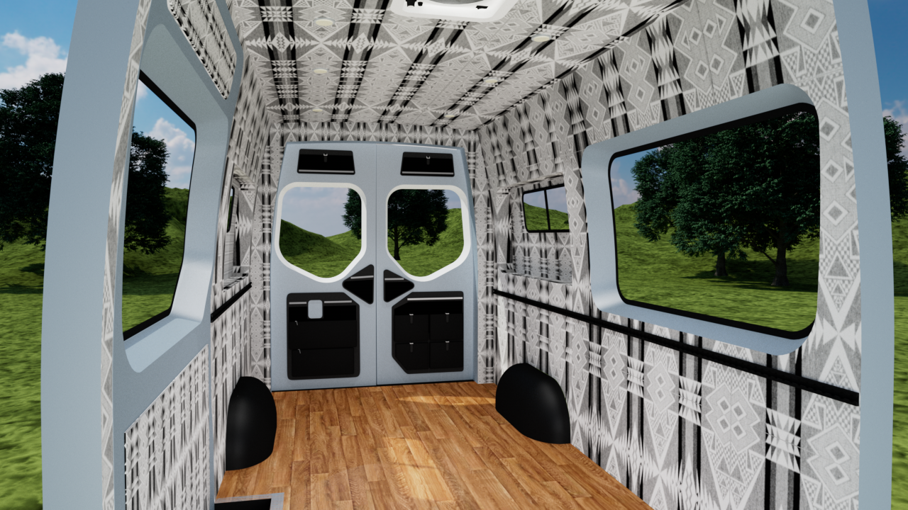 Mercedes Sprinter 170" high roof interior panel kit by Alpine Van Works, LLC, showing custom wall and ceiling panels inside the van.