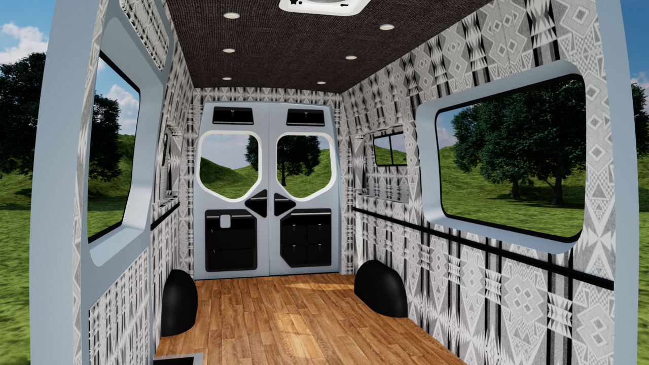 Mercedes Sprinter 144" high roof interior panel kit with gray heather ceiling panels, installed by Alpine Van Works, LLC.