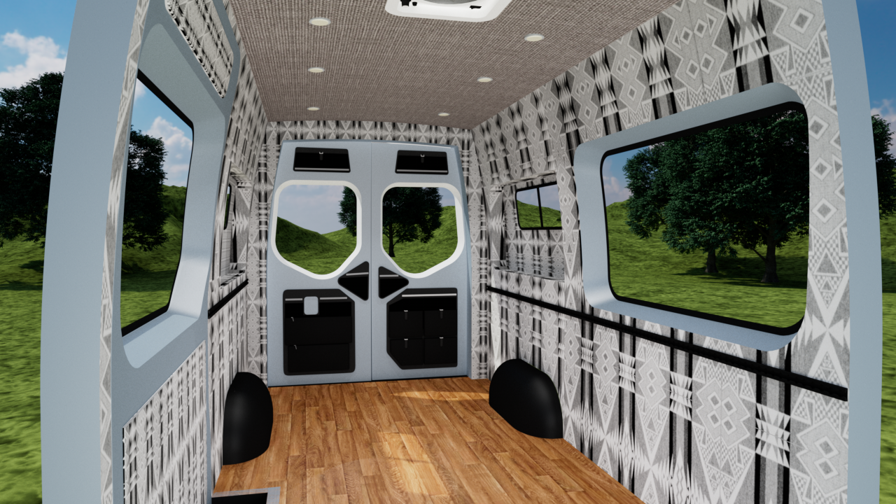Mercedes Sprinter 170" high roof interior panel kit by Alpine Van Works, LLC, featuring custom grey ceiling wall panels.