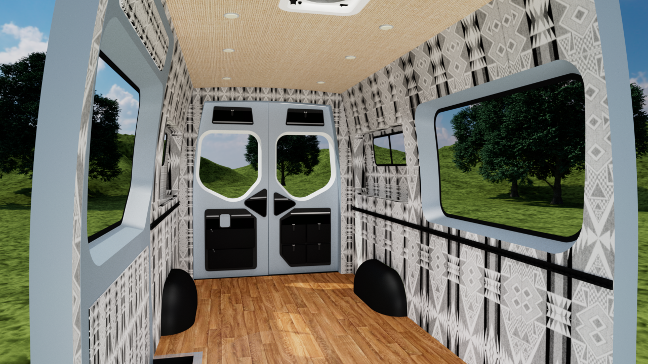 Mercedes Sprinter 144" high roof interior panel kit with custom oat ceiling panels by Alpine Van Works, LLC.