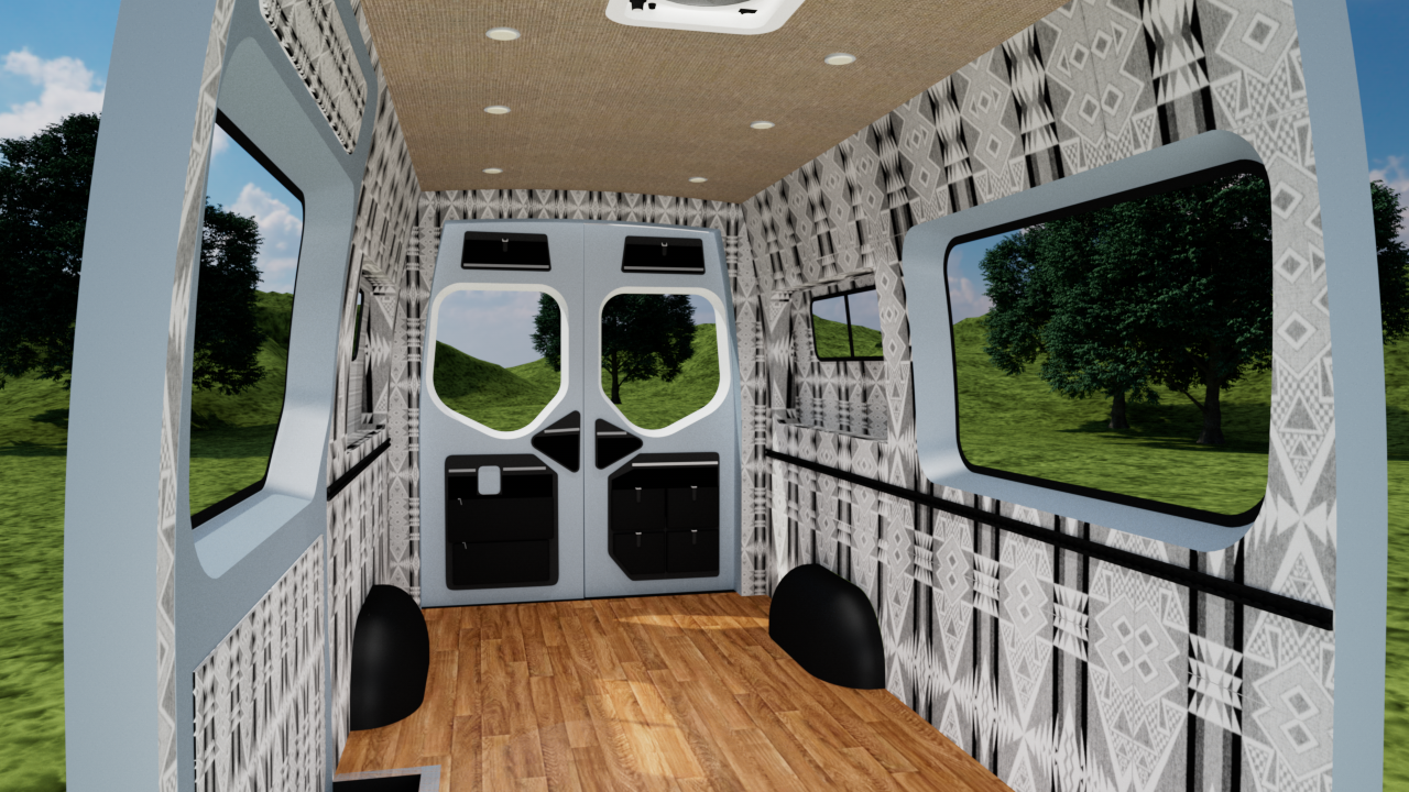 Mercedes Sprinter 144" high roof interior panel kit by Alpine Van Works, LLC, showing custom wall and ceiling panels inside the van.