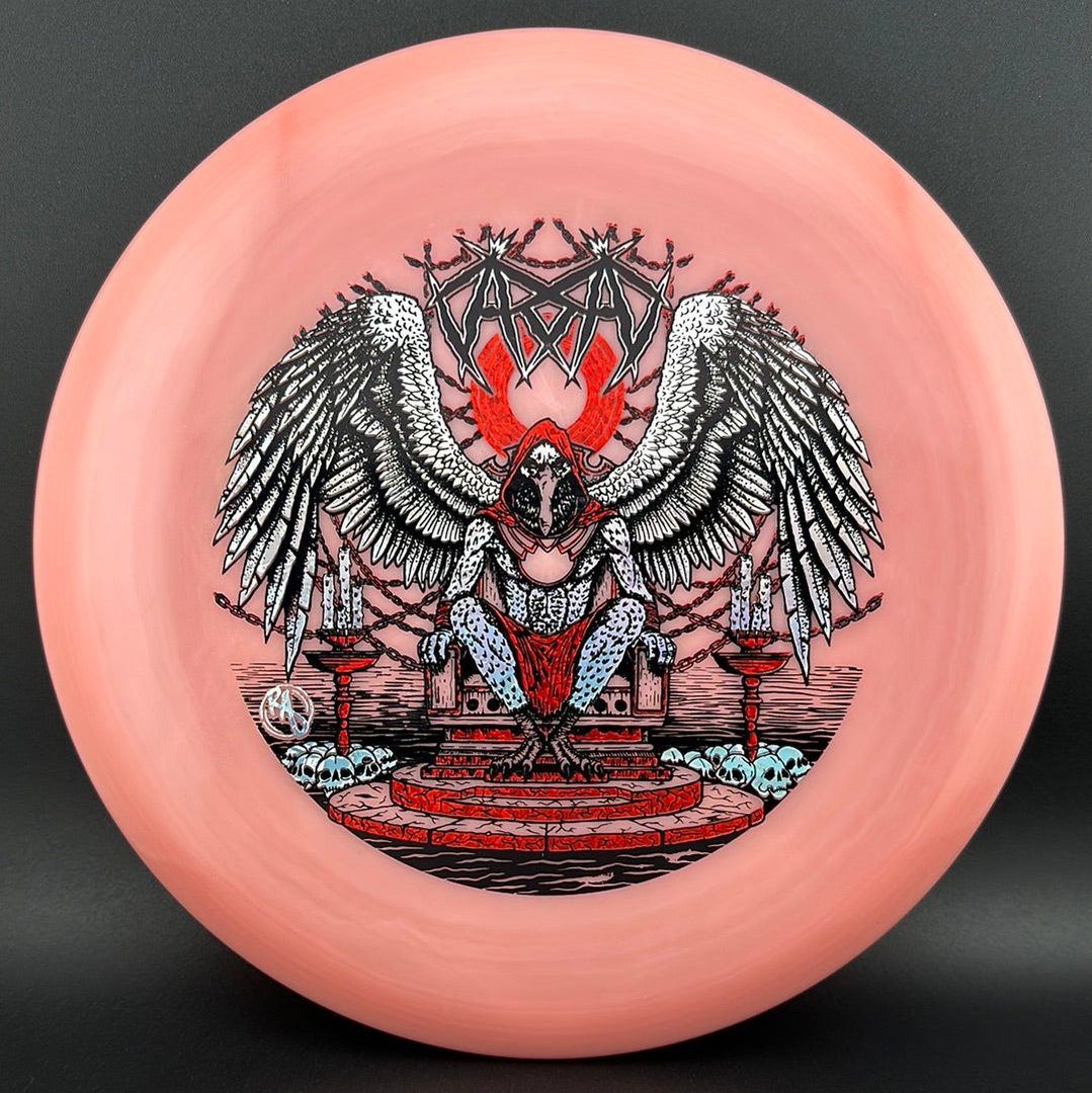 ESP Glo Buzzz disc golf disc by Rare Air Discs featuring Karudi the Overseer design, vibrant glow finish, and detailed artwork.