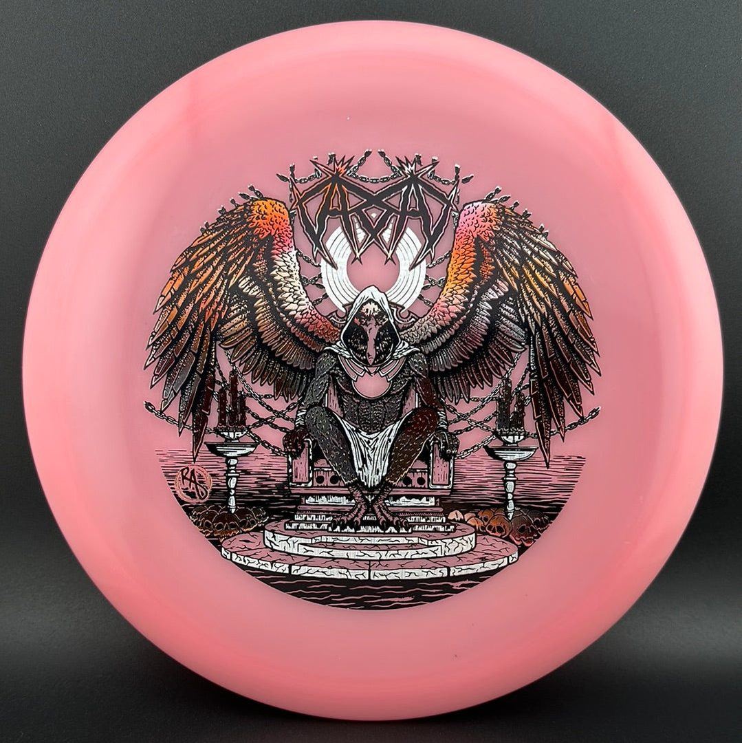 ESP Glo Buzzz disc golf disc by Rare Air Discs featuring Karudi the Overseer artwork, vibrant glow-in-the-dark design.