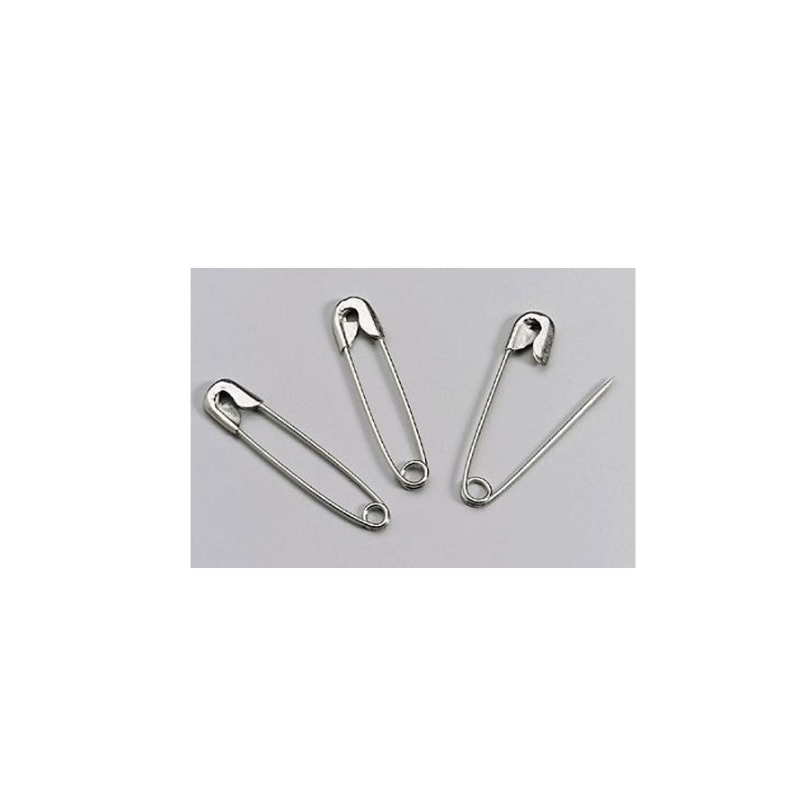Box of 144 medium #2 safety pins, 1-1/2 inches long, first aid tools from quakekits.com, arranged in a neat pile.