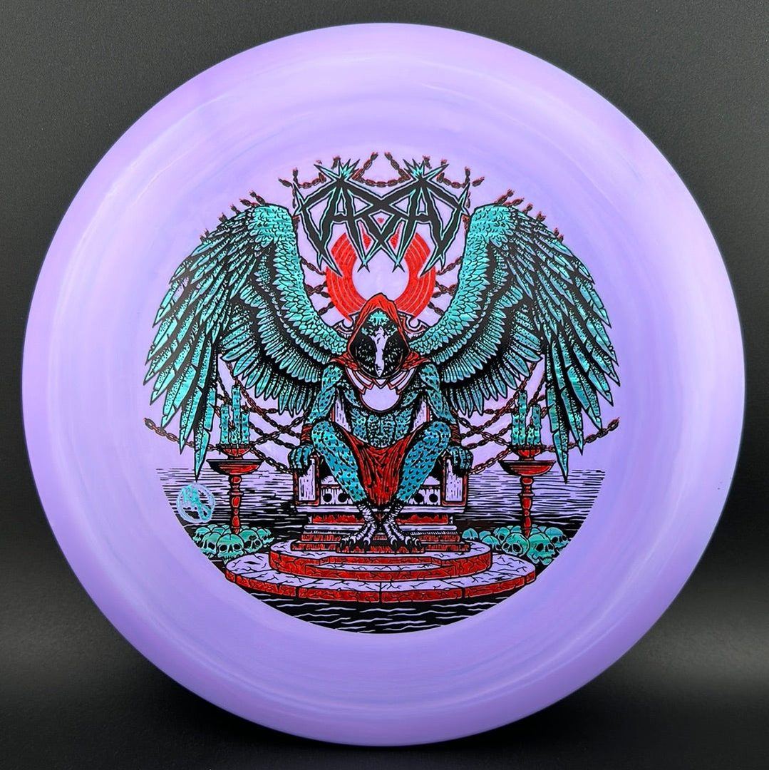 Disc golf disc ESP Glo Buzzz Karudi the Overseer by Rare Air Discs, featuring vibrant glow-in-the-dark design and detailed artwork.