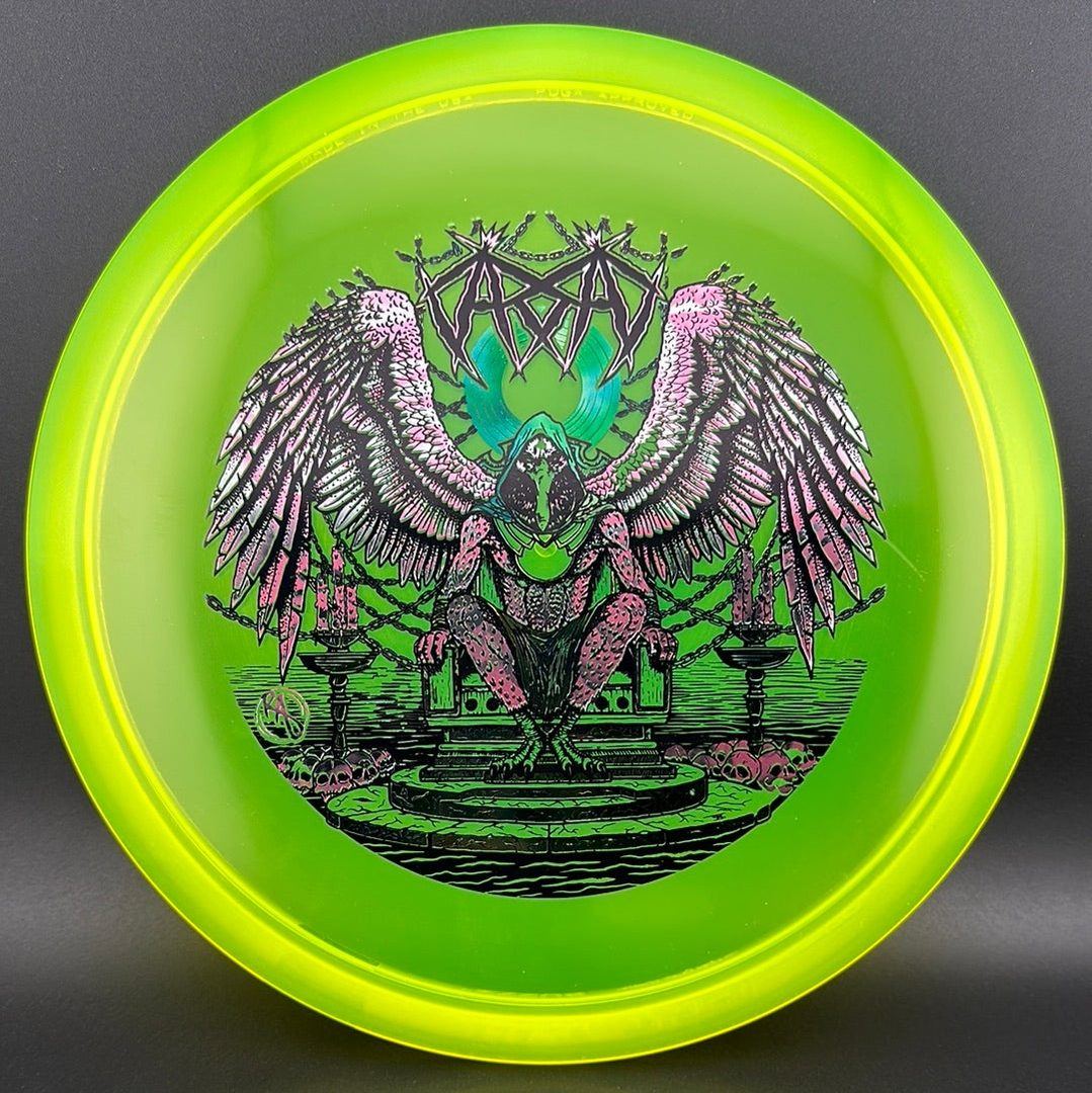 CryZtal Buzzz disc golf disc by Rare Air Discs featuring Karudi the Overseer from Cult of RAD, with a detailed graphic design.