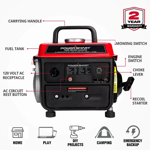 PowerSmart 1200W 2-stroke outdoor generator model PS50/DB5010, showing the product alongside its warranty documentation.