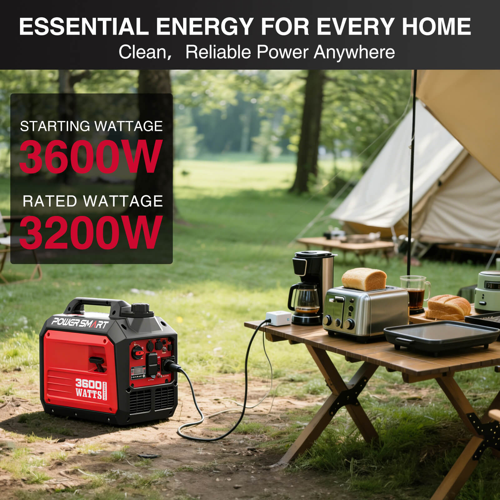 PowerSmart 3600W inverter gas generator from the DB5035 series, shown in a home and garden setting.