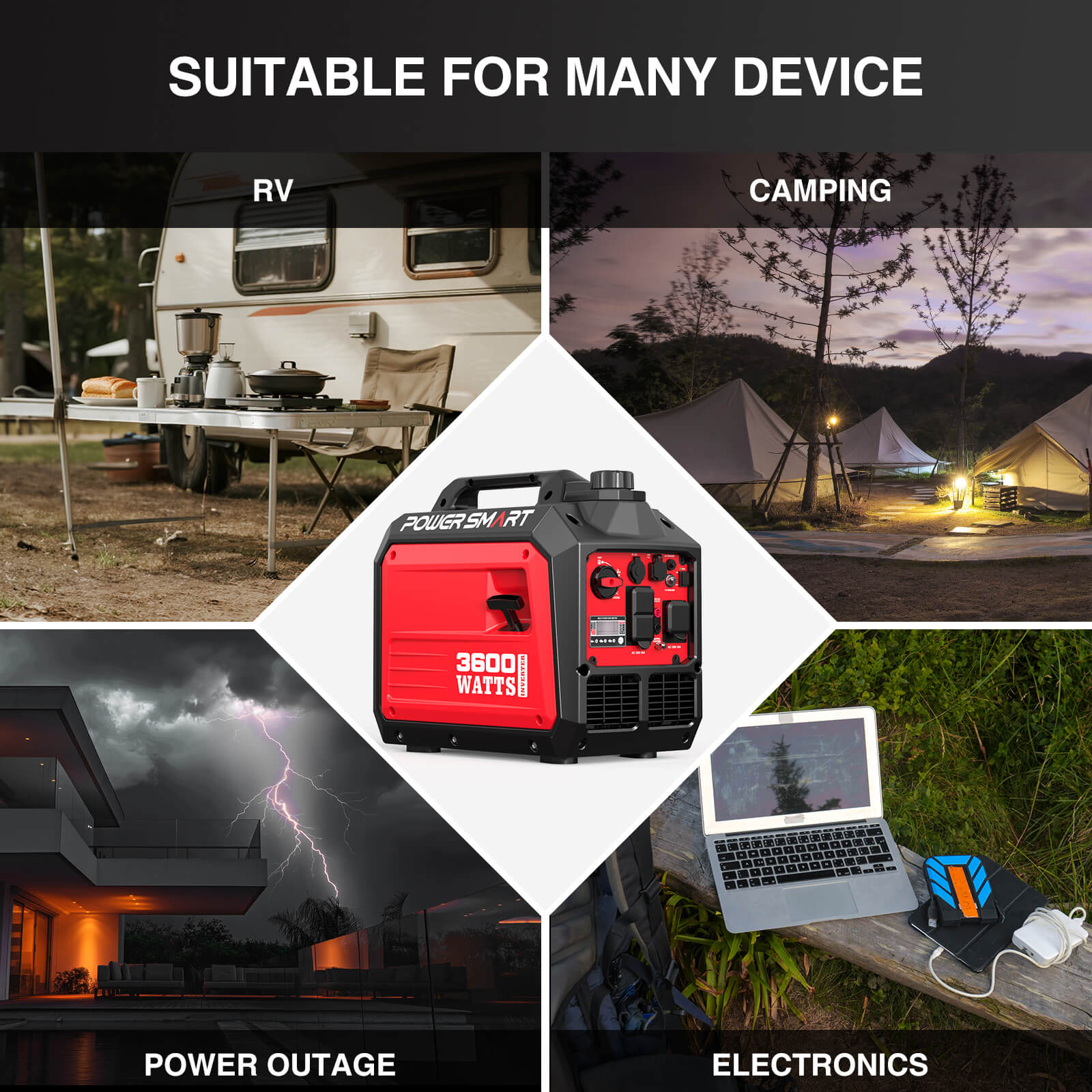 PowerSmart 3600W inverter gas generator from the DB5035 series, showing the compact design and control panel for home and garden use.