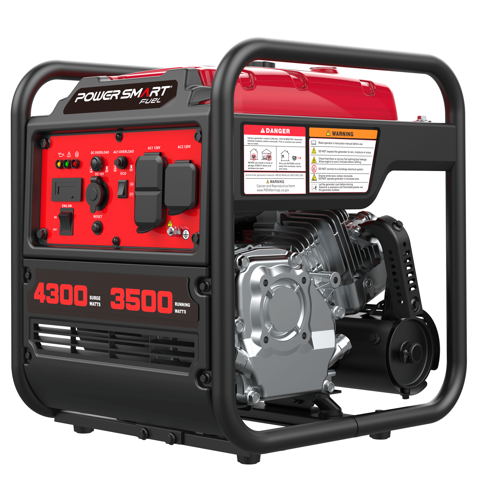 PowerSmart 4300W open frame gas inverter generator for home and garden use, with compact design and multiple outlets.