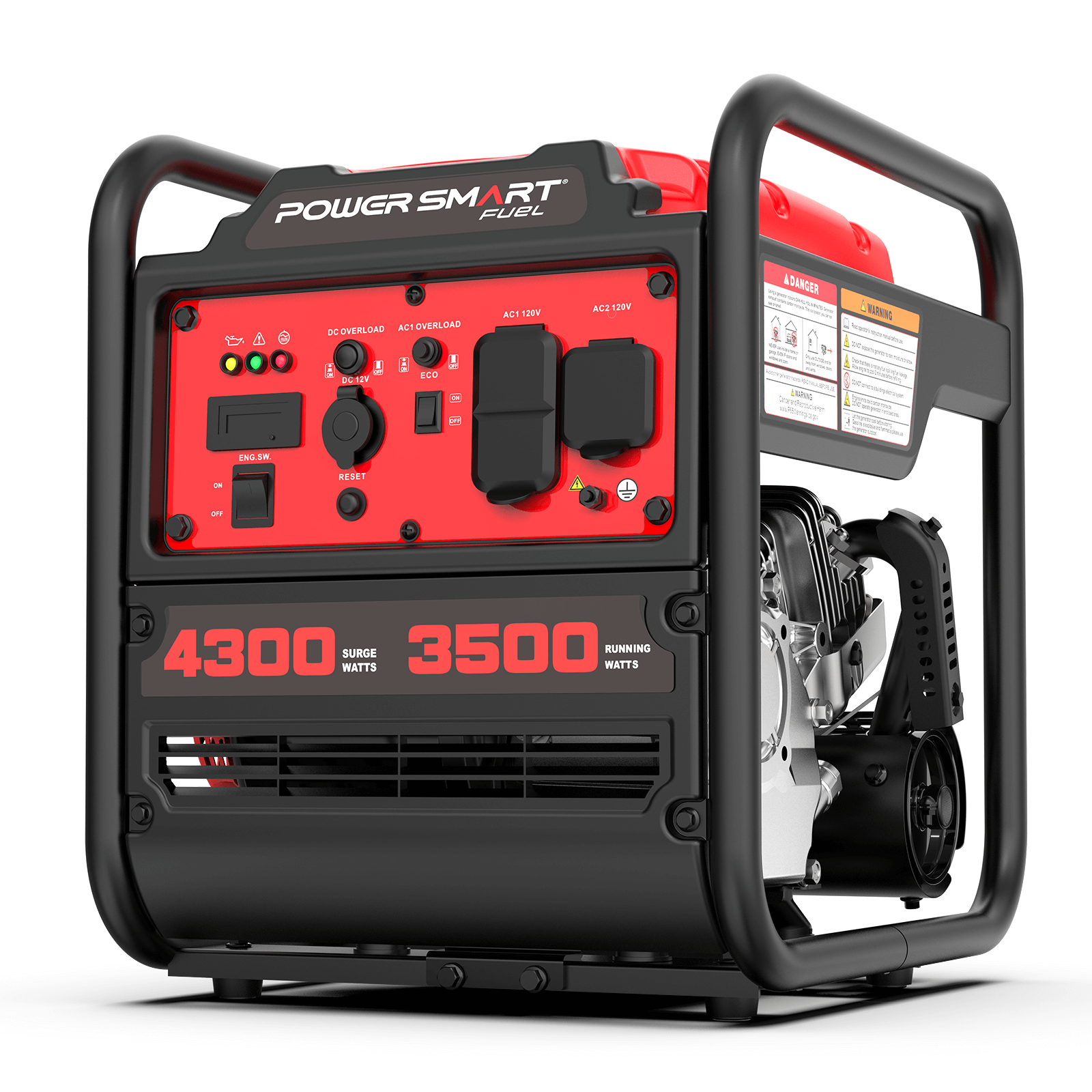 PowerSmart 4300W open frame gas inverter generator for home use, shown with control panel and ventilation openings.