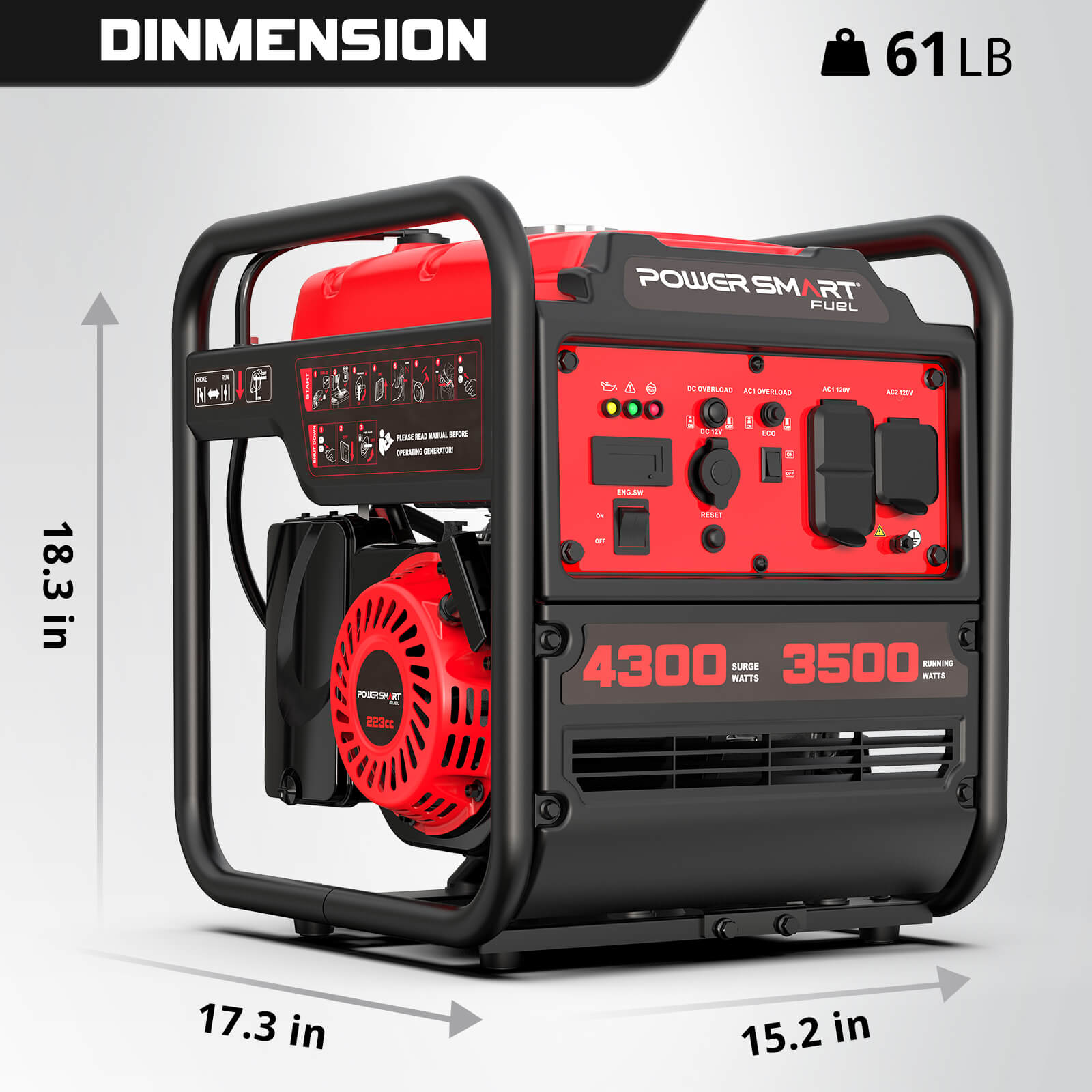 PowerSmart 4300W open frame gas inverter generator DB5041, portable home backup power with durable design and multiple outlets.