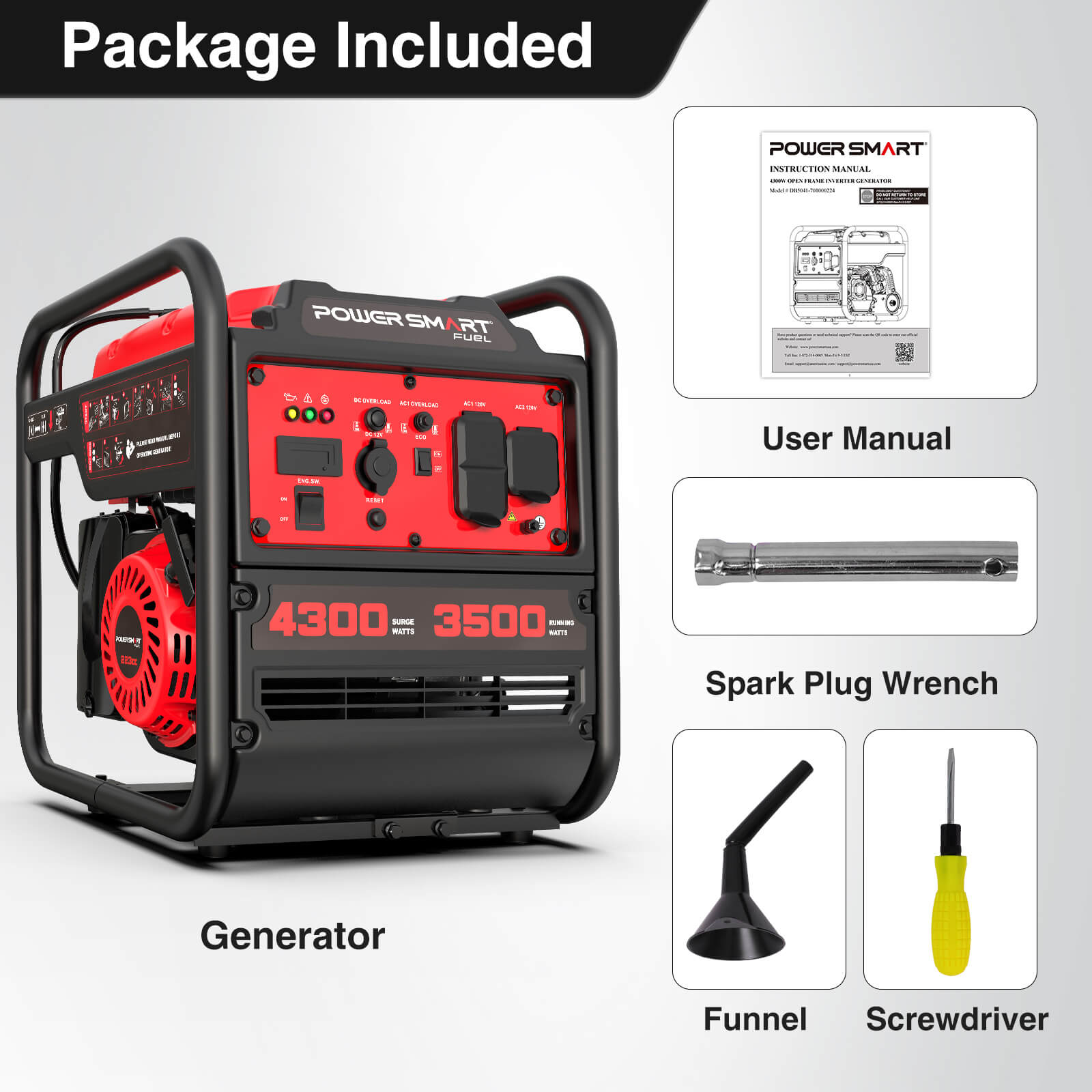 PowerSmart 4300W open frame gas inverter generator in black, showing control panel and sturdy frame for home backup use.