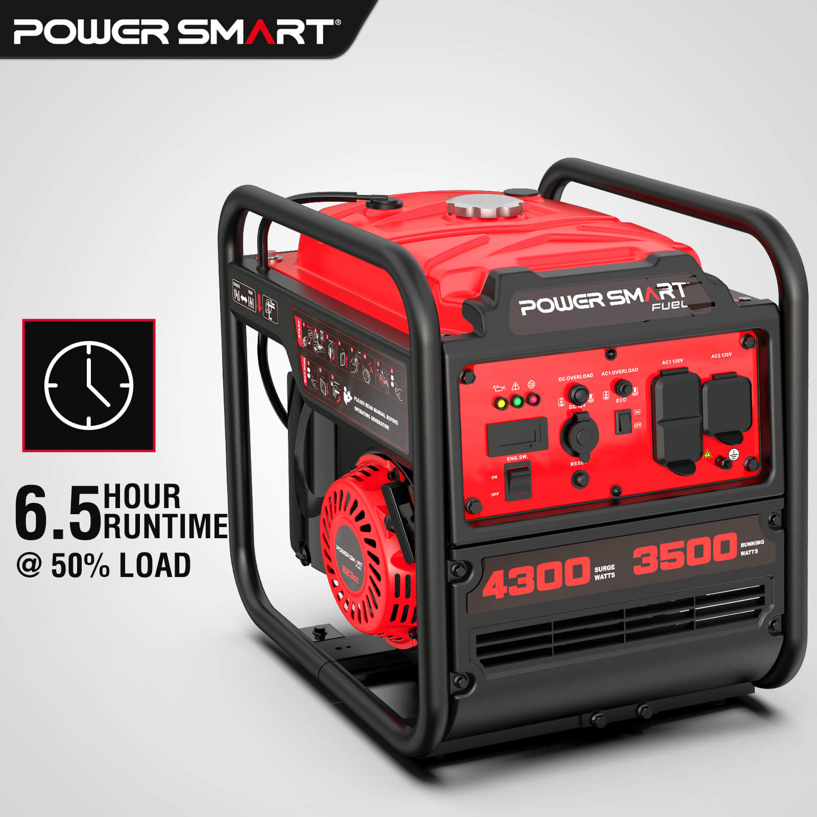 PowerSmart 4300W open frame gas inverter generator with sturdy frame, ideal for home and garden use.