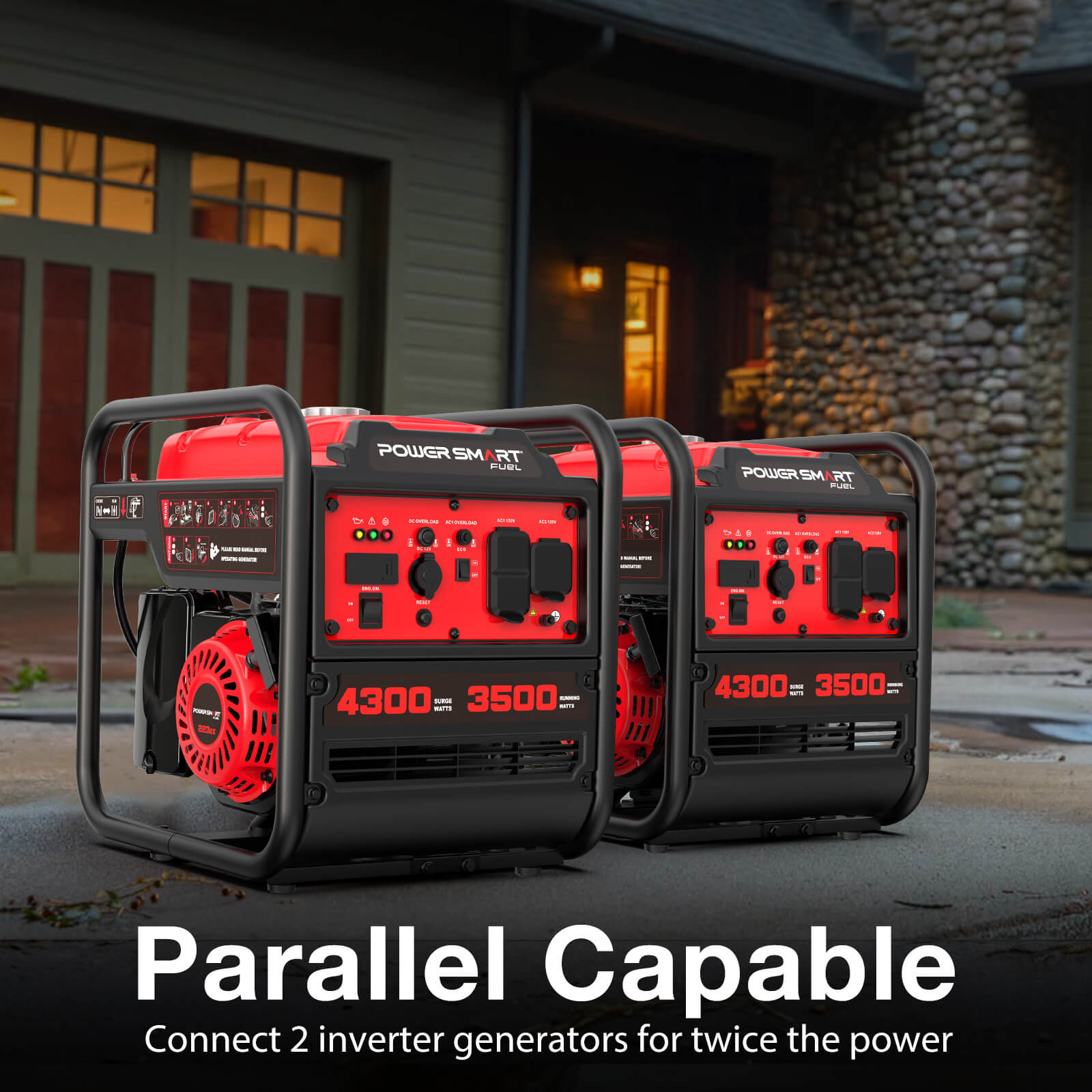 PowerSmart 4300W open frame gas inverter generator with durable metal frame, suitable for home and garden use.