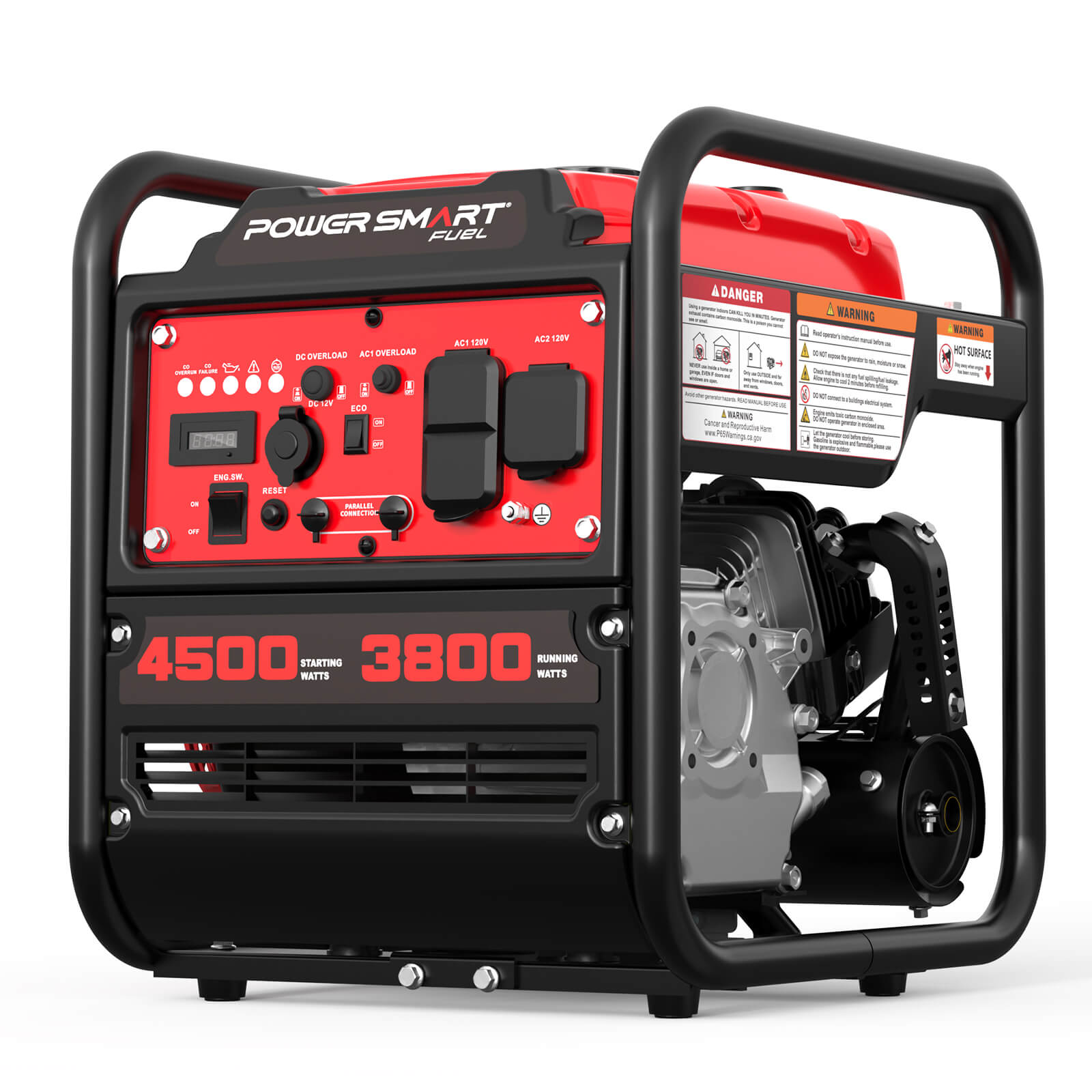 PowerSmart 4500W open frame inverter generator with CO alert, shown with digital control panel and sturdy metal frame.