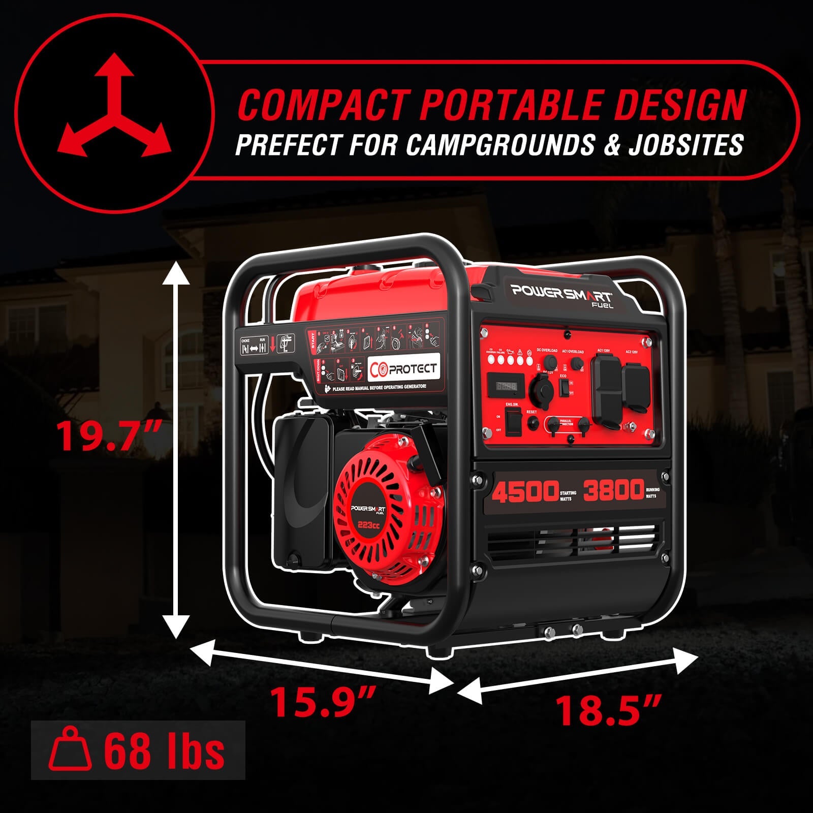 PowerSmart 4500W open frame inverter generator with CO alert, ideal for home and outdoor use, shown in a sturdy metal frame.
