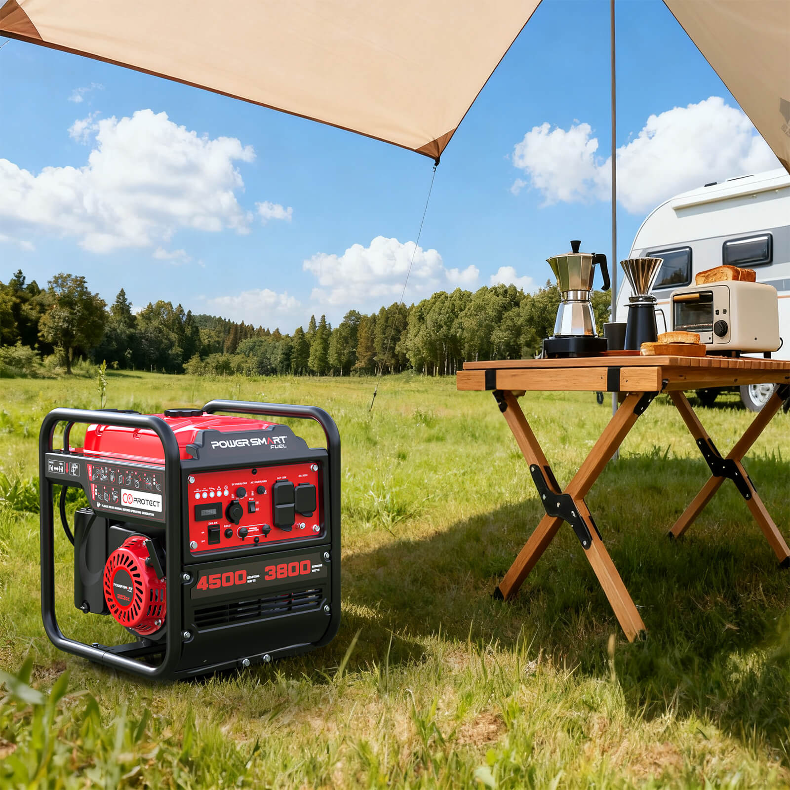 PowerSmart 4500W open frame inverter generator with CO alert, designed for home and garden use, shown in image with control panel.