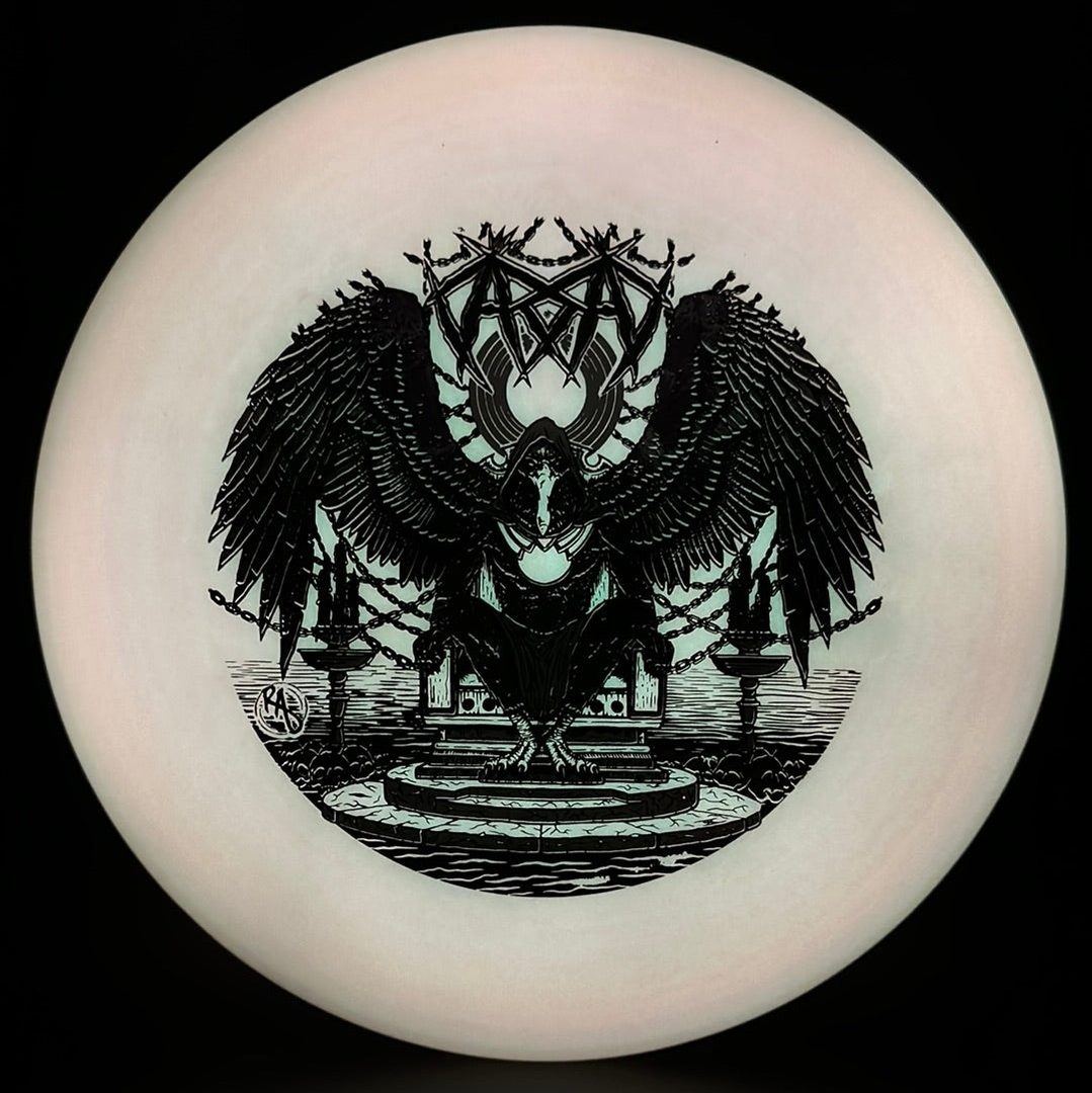 ESP Glo Buzzz disc golf disc by Rare Air Discs featuring Karudi the Overseer design from Cult of RAD series.